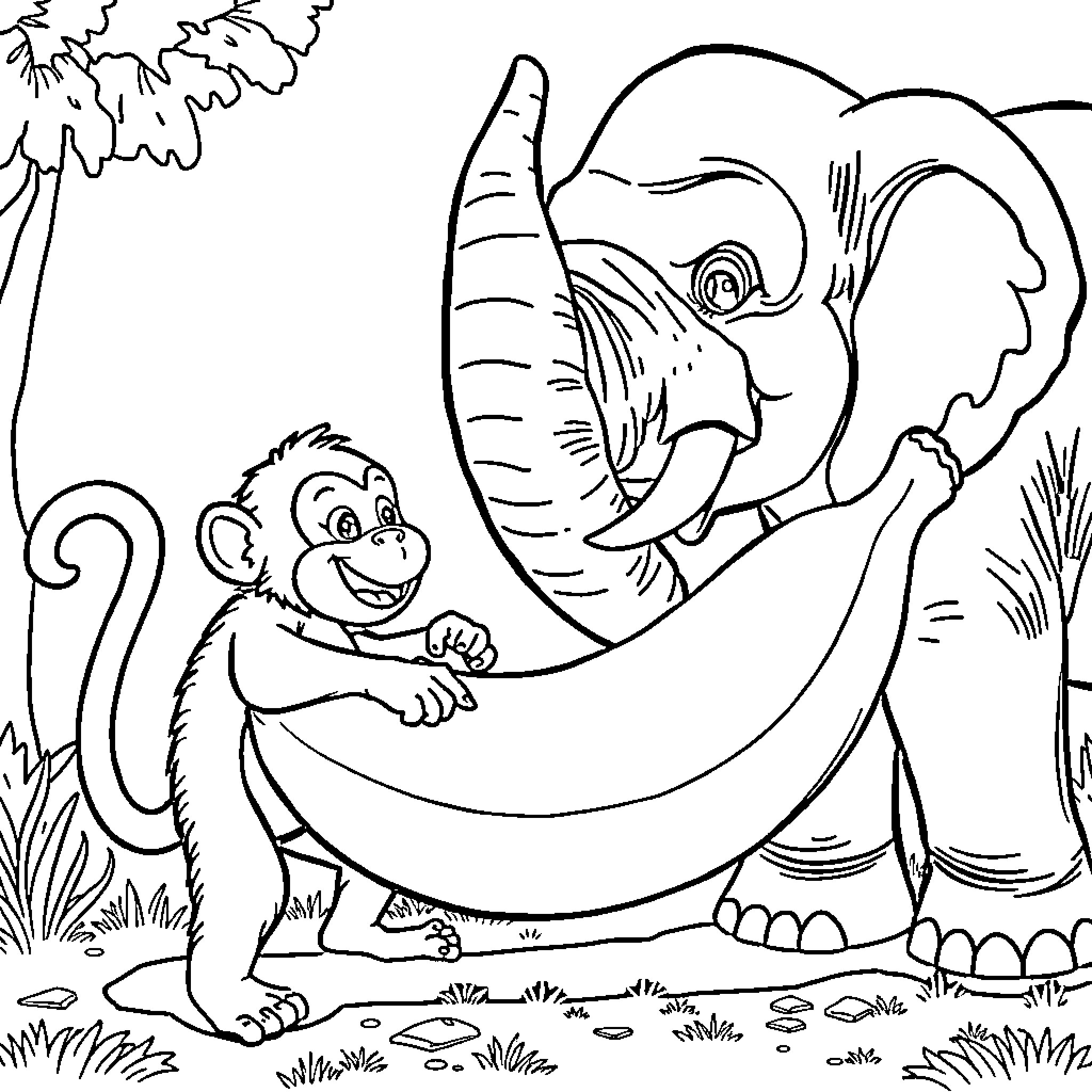 Monkey playing with friendly elephant in the jungle Coloring Page (free black-and-white line drawing printable PDF for all, from beginners to advanced learners, including children, teens, adults, and seniors)