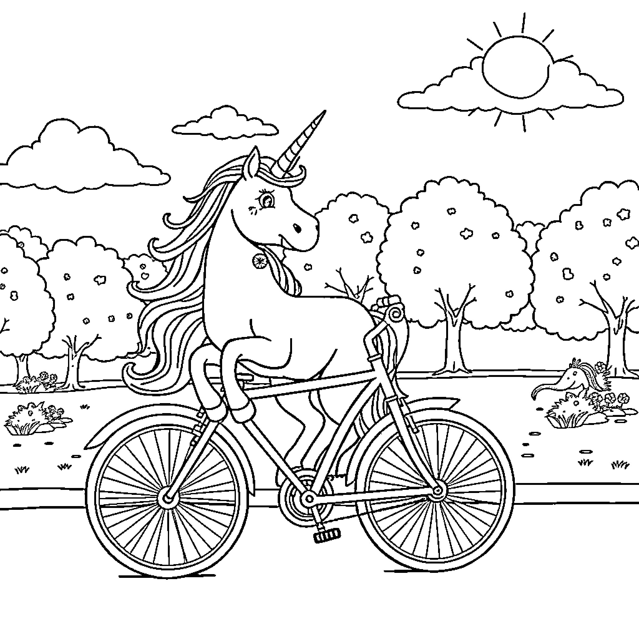 Unicorn riding a bicycle in a whimsical landscape Coloring Page (free black-and-white line drawing printable PDF for all, from beginners to advanced learners, including children, teens, adults, and seniors)