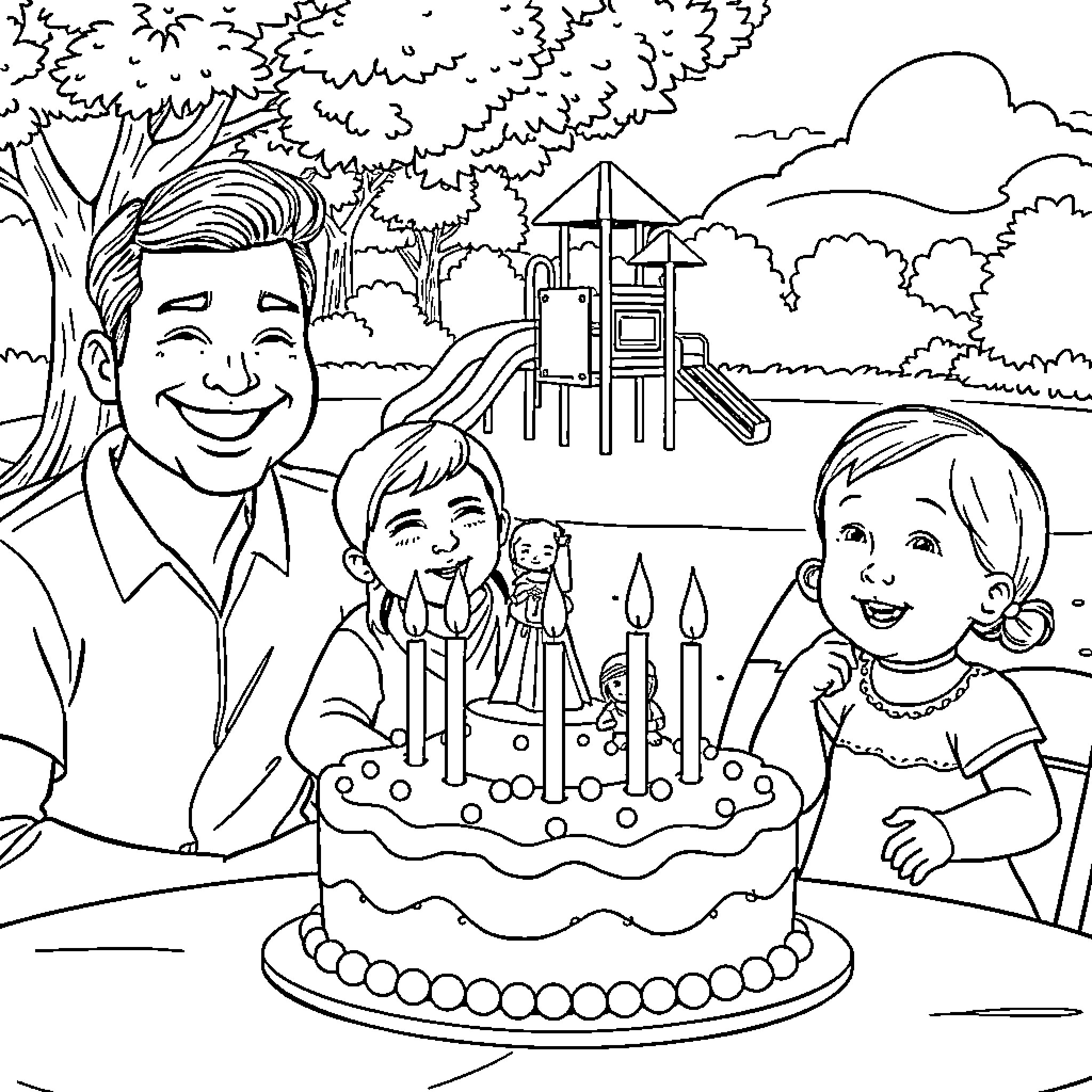 Birthday Party with Family and Cake Coloring Page (free black-and-white line drawing printable PDF for all, from beginners to advanced learners, including children, teens, adults, and seniors)