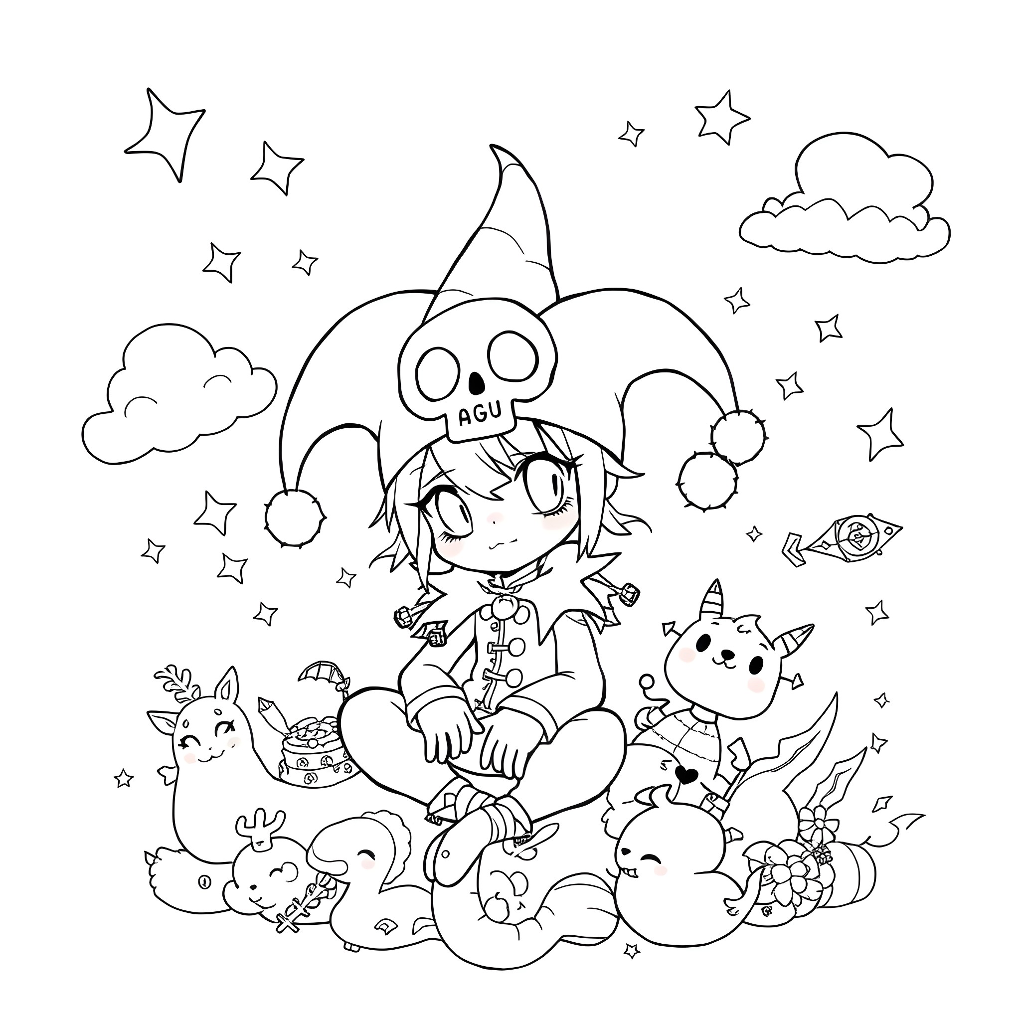 Kuromi playing with cute monster friends in the night sky Coloring Page (free black-and-white line drawing printable PDF for all, from beginners to advanced learners, including children, teens, adults, and seniors)