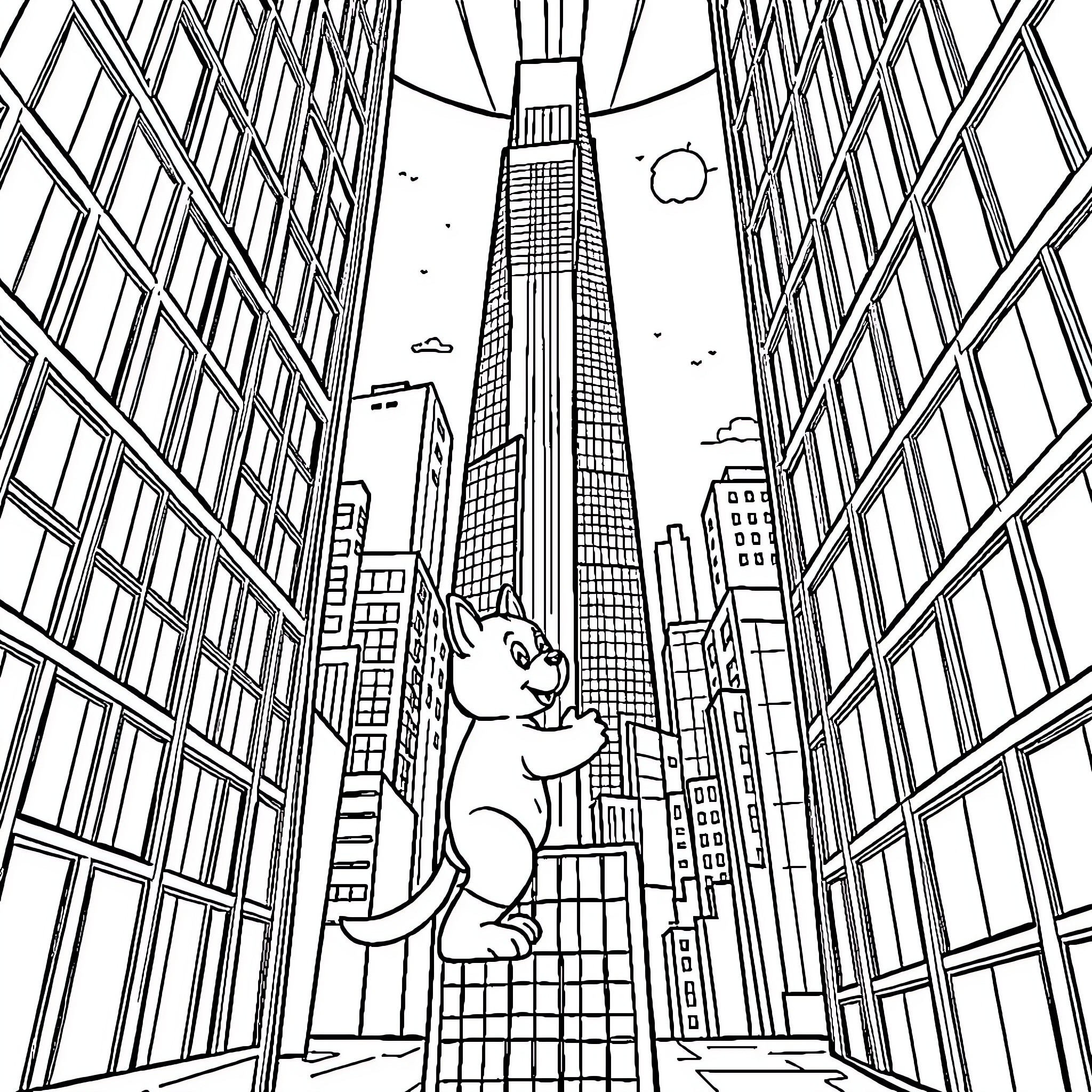 Pat Patrouille character in the city skyline Coloring Page (free black-and-white line drawing printable PDF for all, from beginners to advanced learners, including children, teens, adults, and seniors)