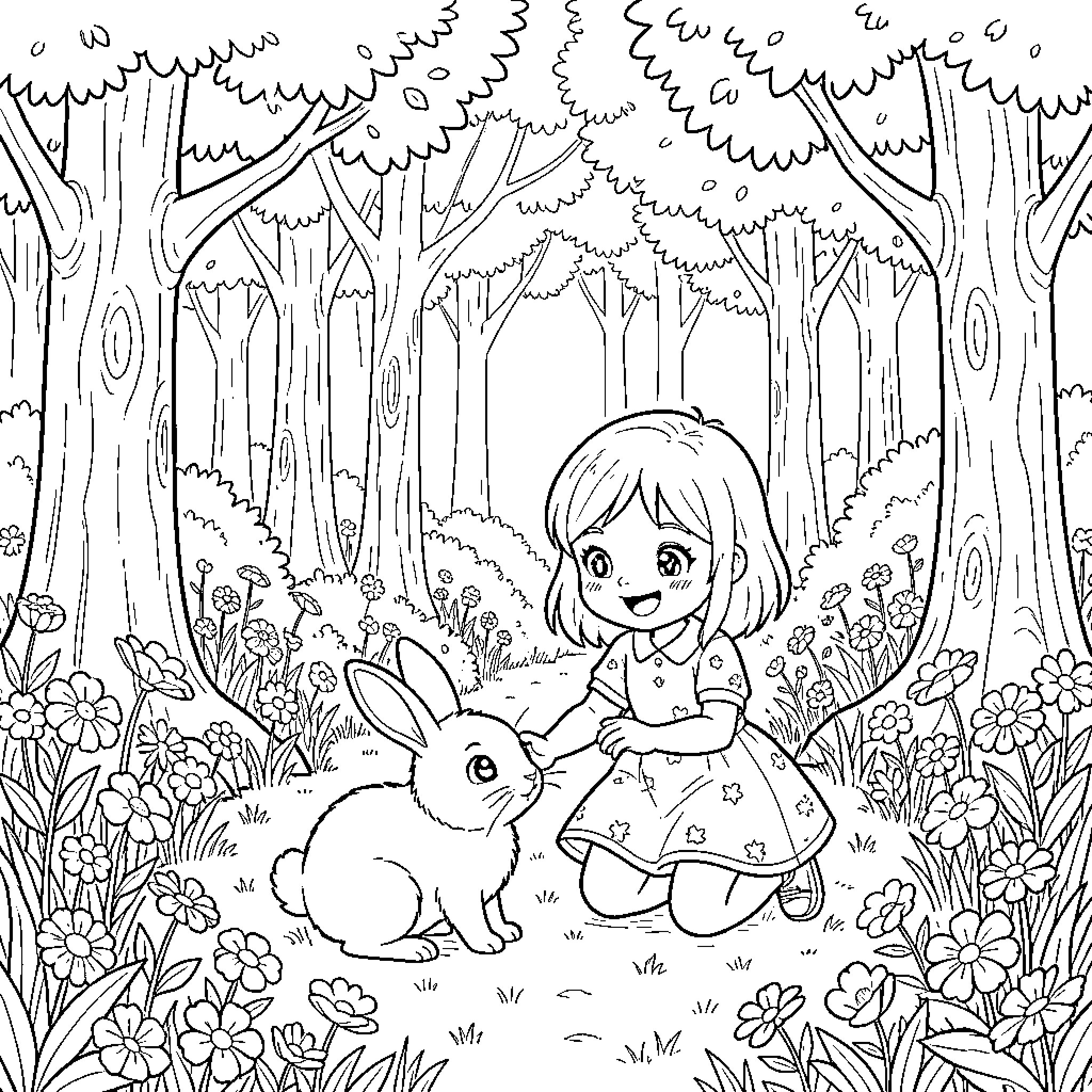 Rabbit and Girl in Whimsical Forest Scene Coloring Page (free black-and-white line drawing printable PDF for all, from beginners to advanced learners, including children, teens, adults, and seniors)