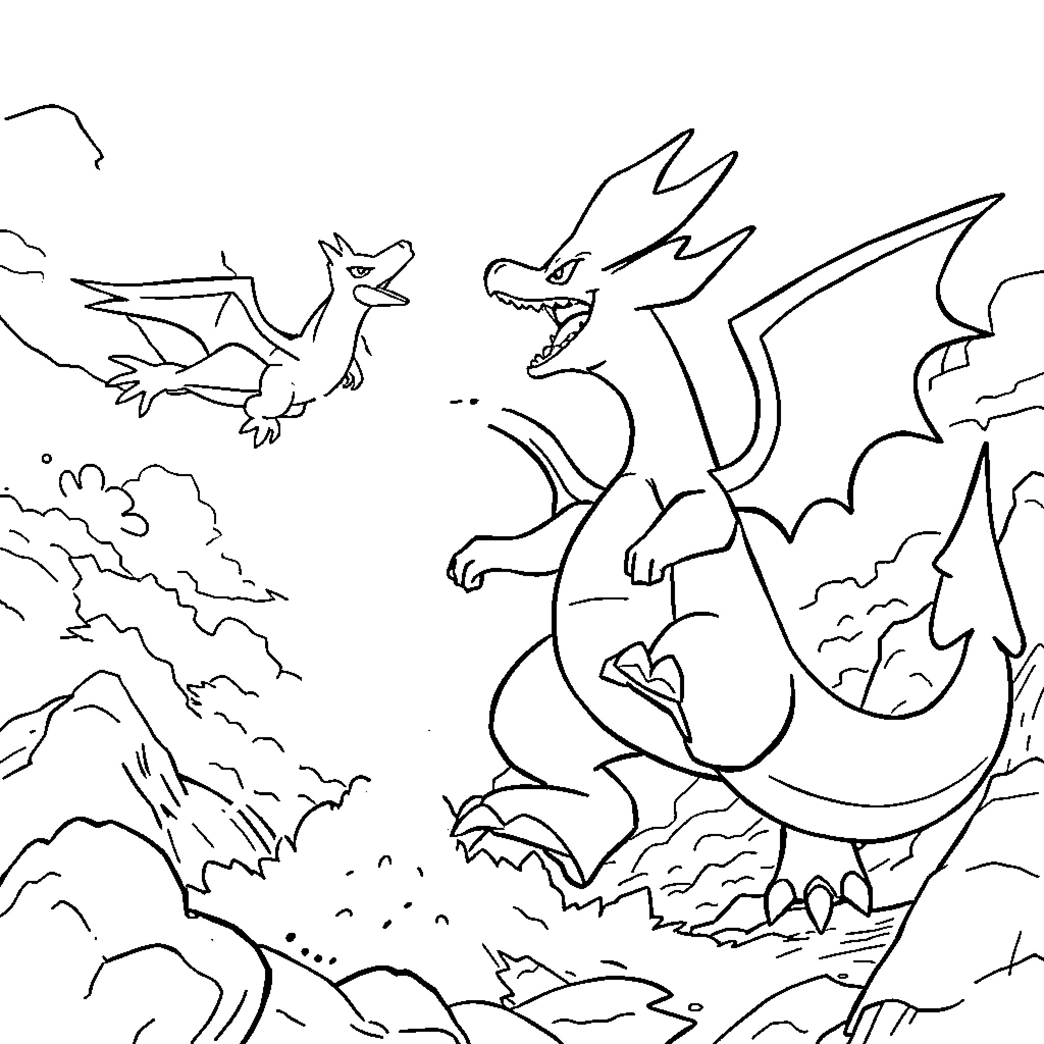 Zapdos the Legendary Electric Pokemon in Action Coloring Page (free black-and-white line drawing printable PDF for all, from beginners to advanced learners, including children, teens, adults, and seniors)