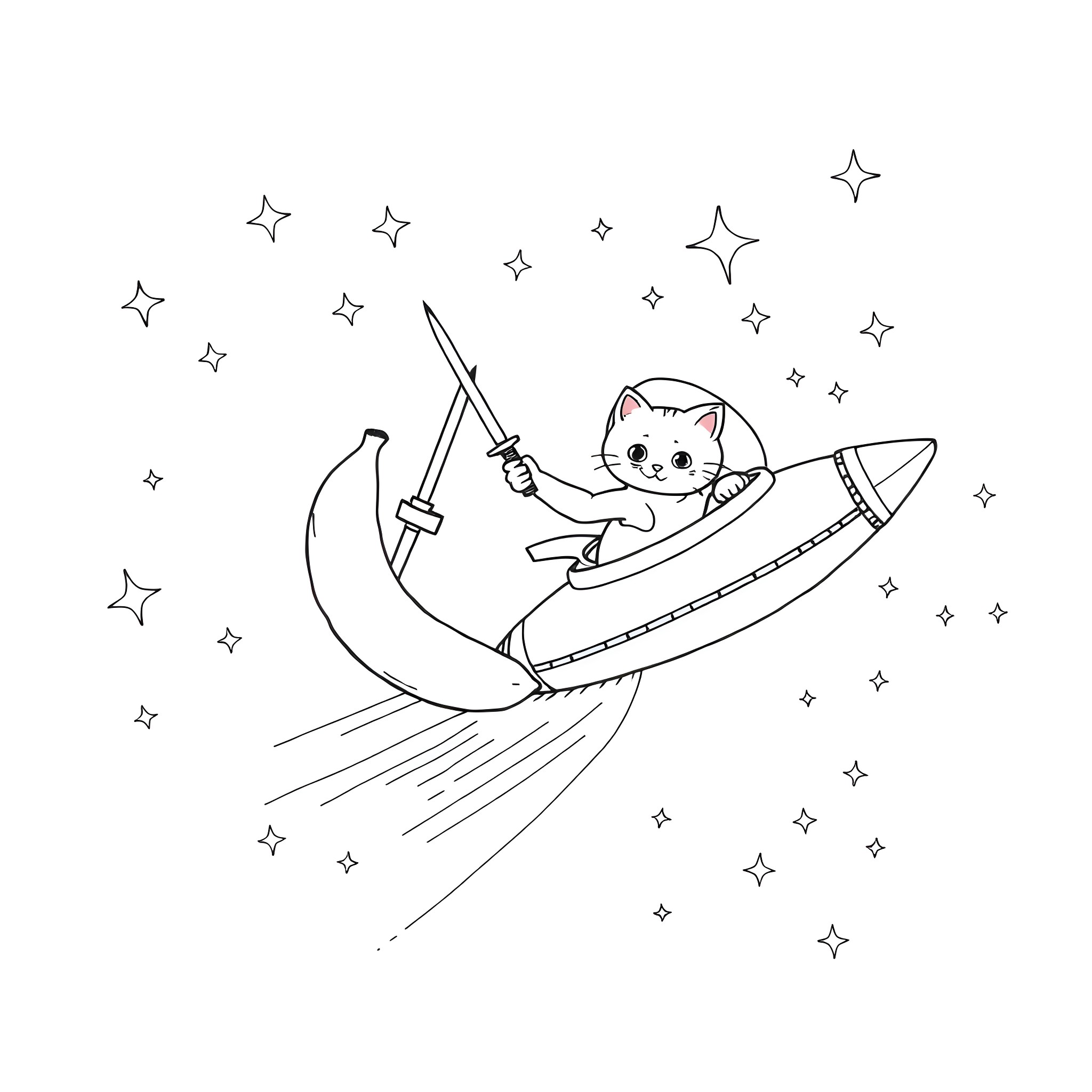 Banana riding on a shooting star with a sword Coloring Page (free black-and-white line drawing printable PDF for all, from beginners to advanced learners, including children, teens, adults, and seniors)