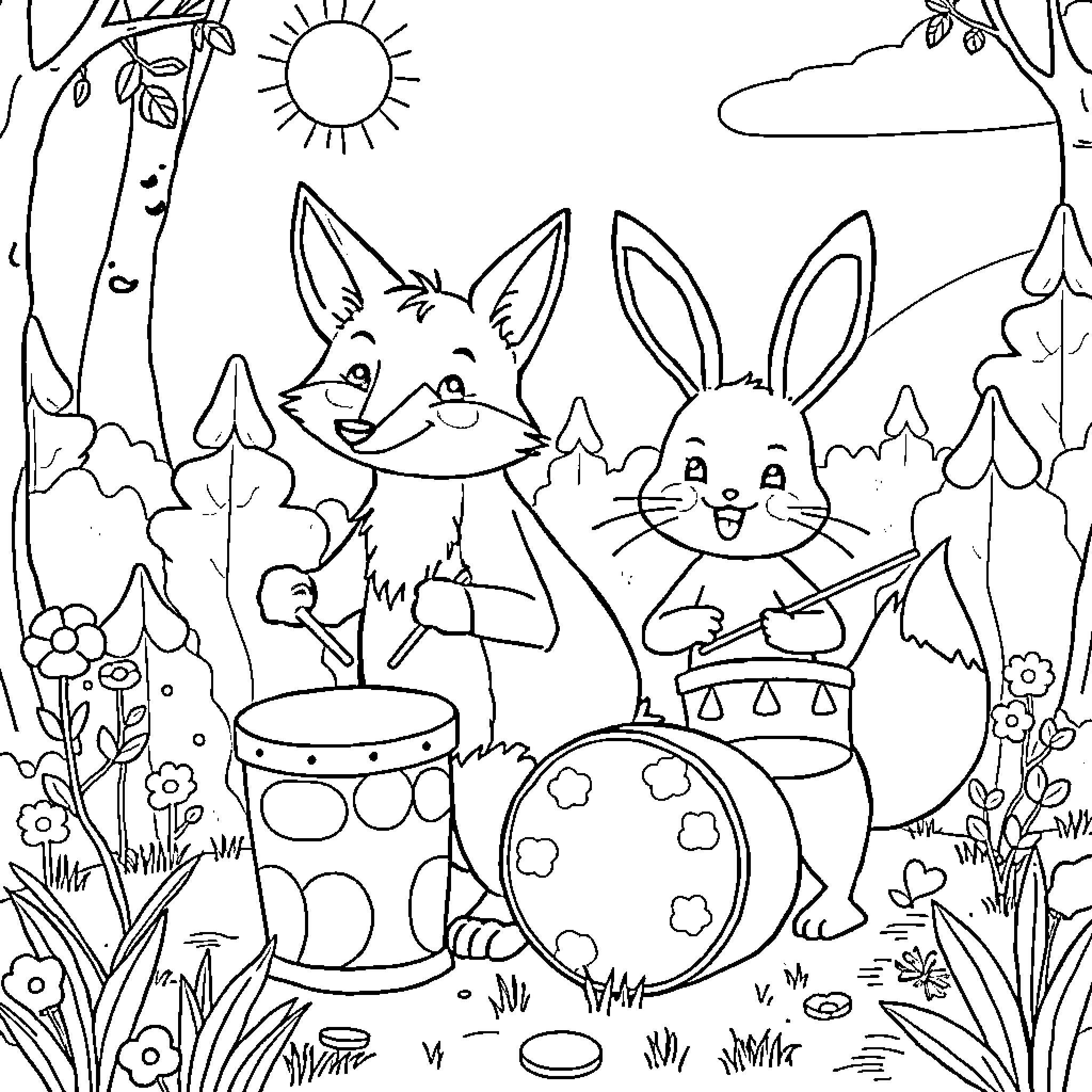 Fox and Rabbit Playing Music in the Forest Coloring Page (free black-and-white line drawing printable PDF for all, from beginners to advanced learners, including children, teens, adults, and seniors)