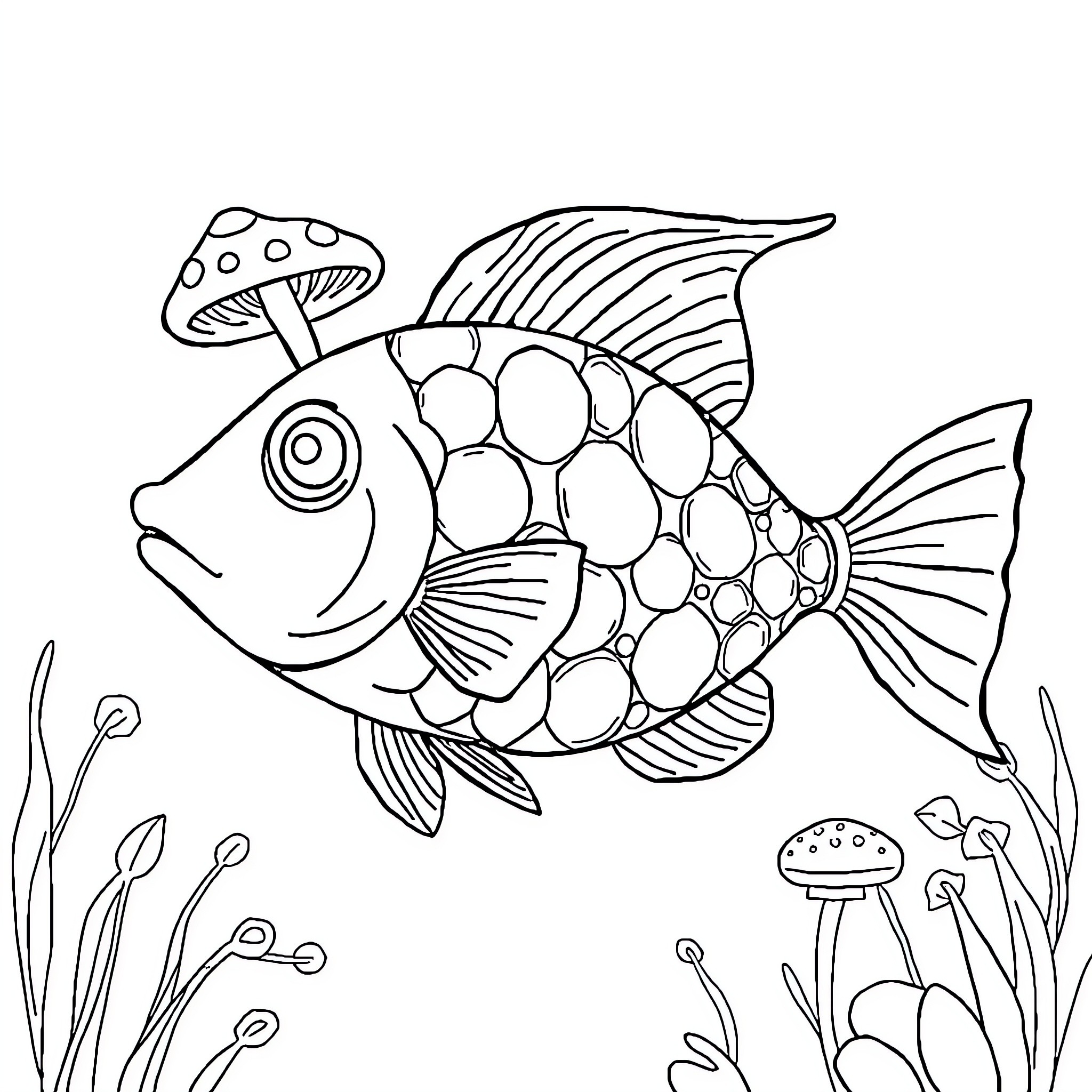 Mushroom Fish swimming in the underwater scene Coloring Page (free black-and-white line drawing printable PDF for all, from beginners to advanced learners, including children, teens, adults, and seniors)