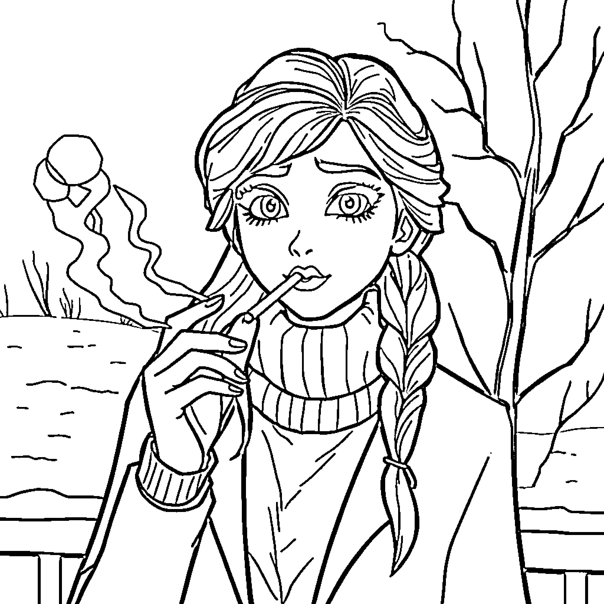 Elsa in a contemplative pose by the lake Coloring Page (free black-and-white line drawing printable PDF for all, from beginners to advanced learners, including children, teens, adults, and seniors)