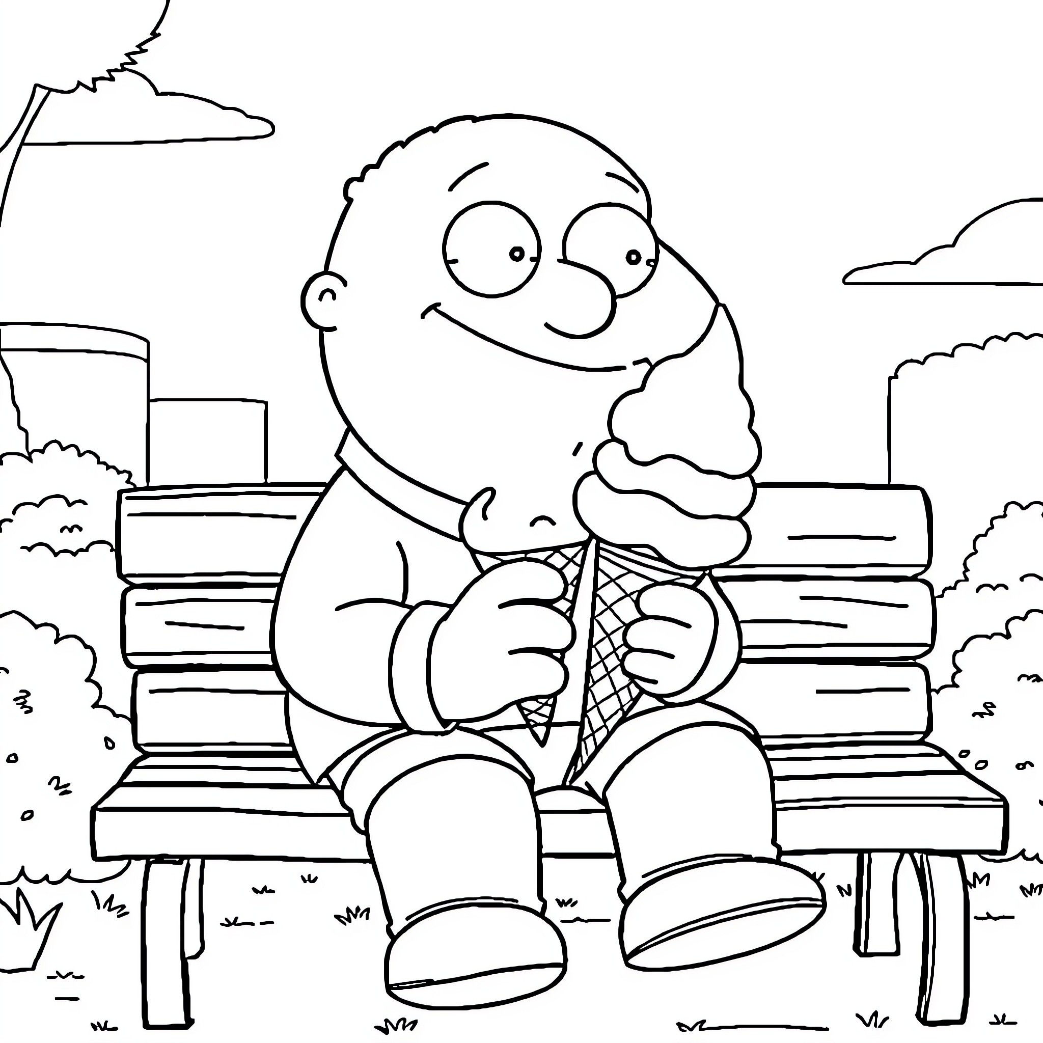 Stewie enjoying an ice cream on park bench Coloring Page (free black-and-white line drawing printable PDF for all, from beginners to advanced learners, including children, teens, adults, and seniors)