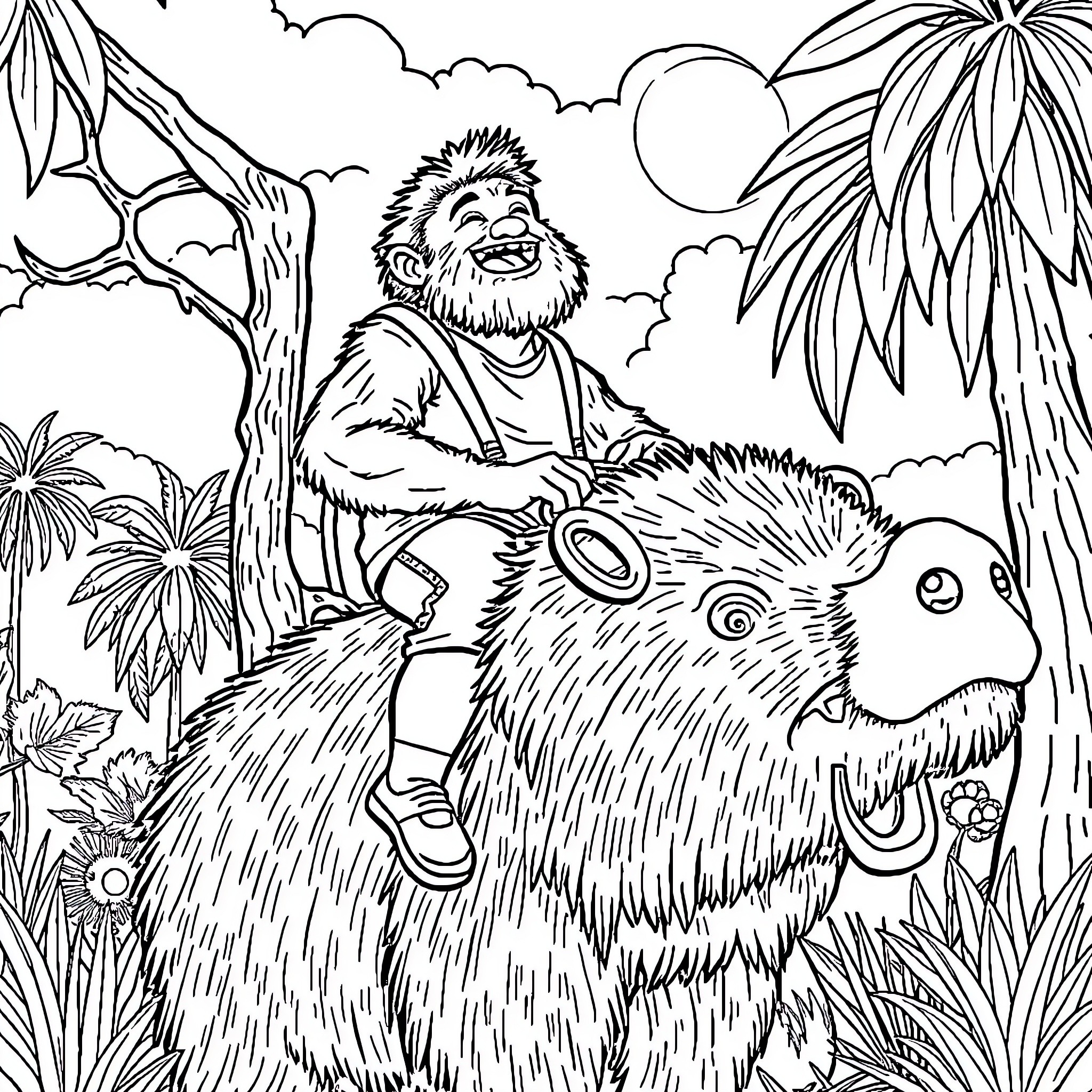 Spider-Man encounters a friendly creature in the jungle Coloring Page (free black-and-white line drawing printable PDF for all, from beginners to advanced learners, including children, teens, adults, and seniors)