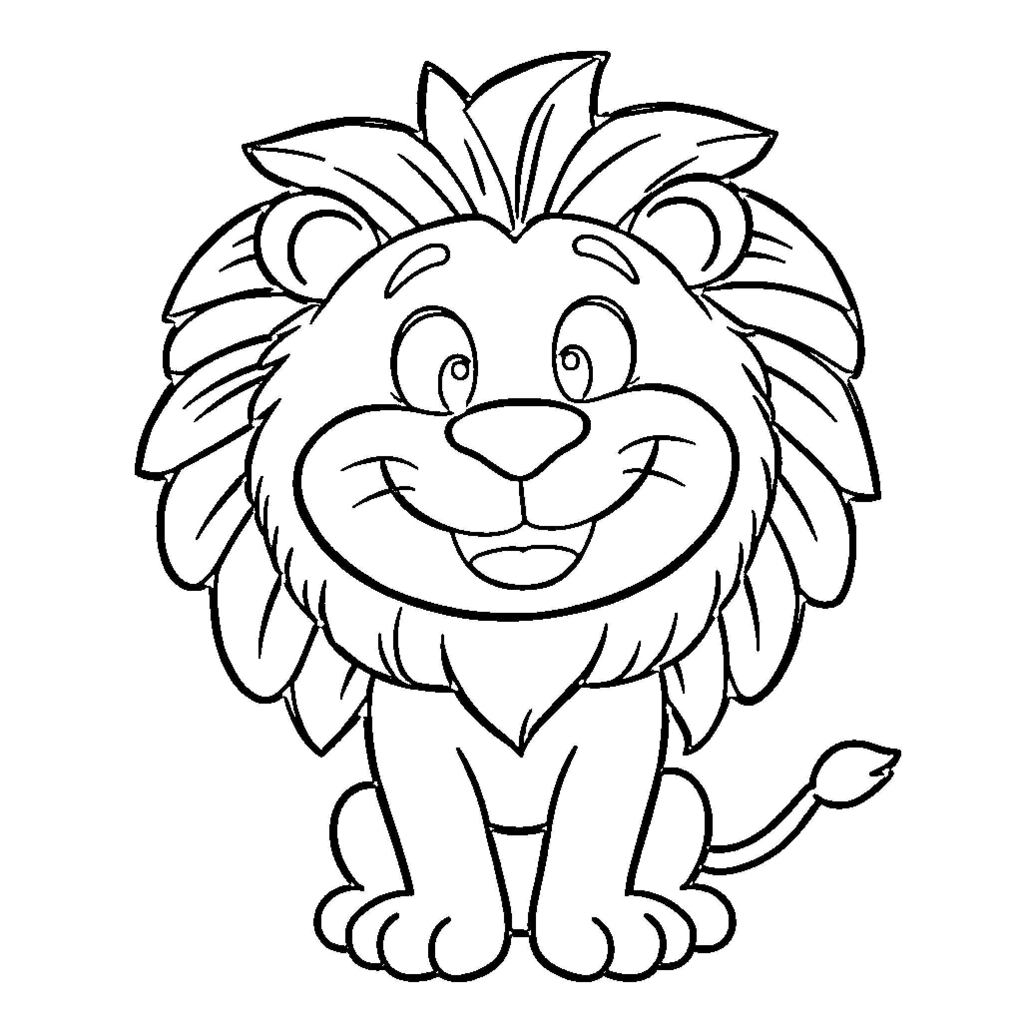Lion with a friendly expression Coloring Page (free black-and-white line drawing printable PDF for all, from beginners to advanced learners, including children, teens, adults, and seniors)