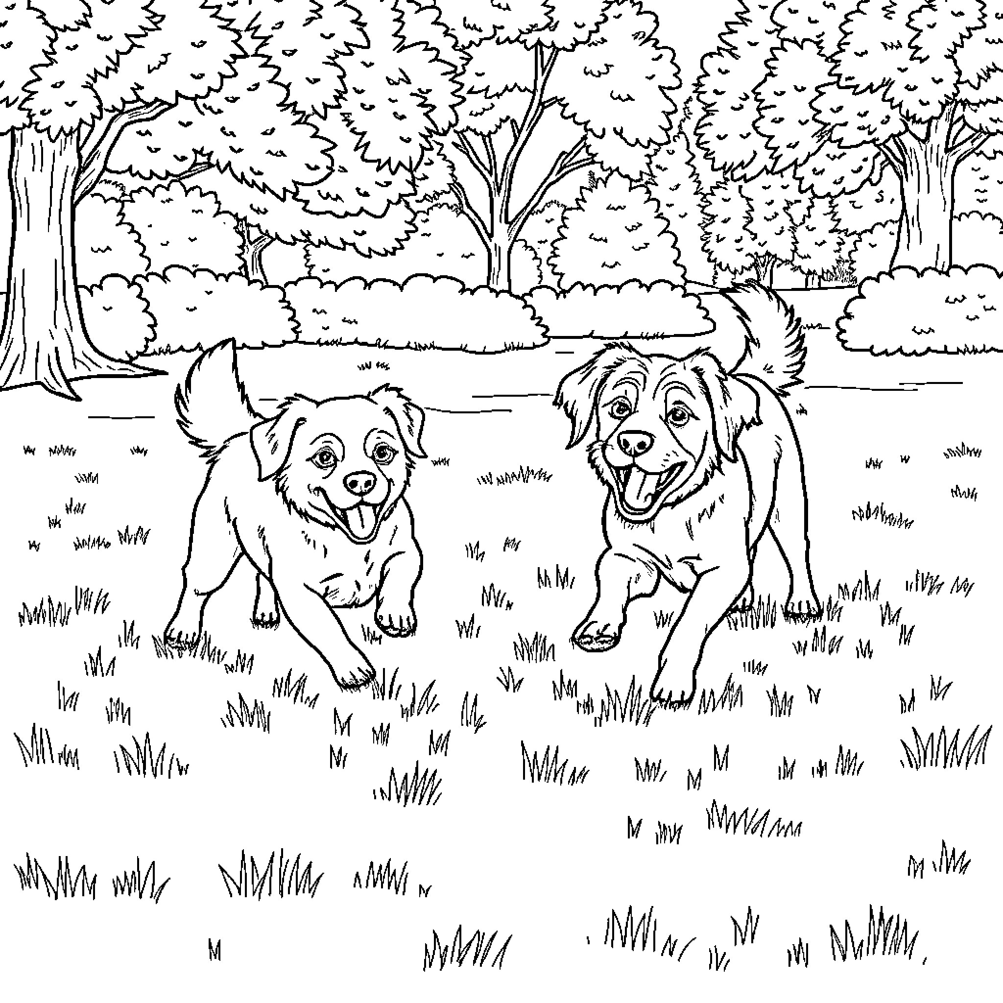 Dogs playing happily in the forest Coloring Page (free black-and-white line drawing printable PDF for all, from beginners to advanced learners, including children, teens, adults, and seniors)