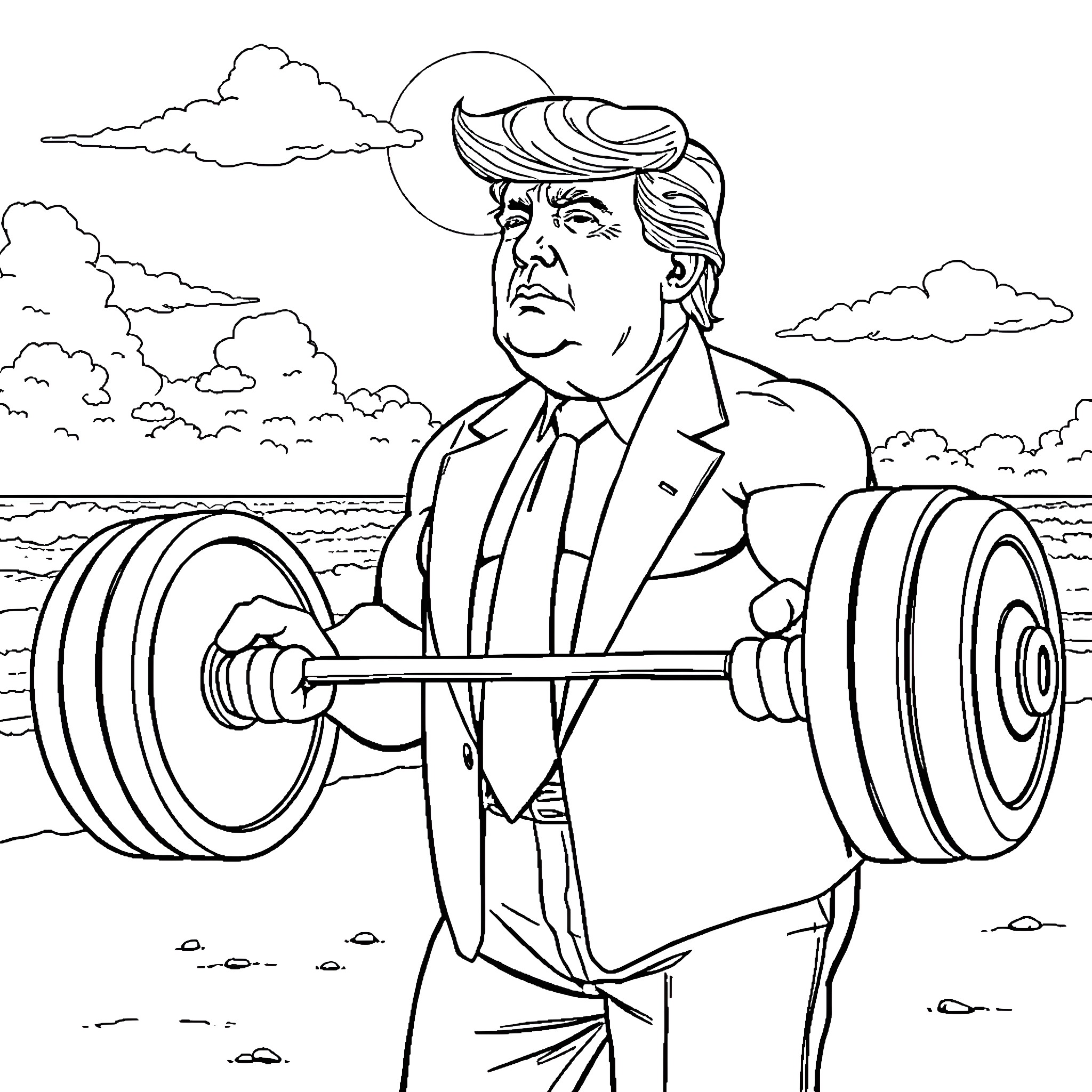 Donald Trump Lifting Weights in the Countryside Coloring Page (free black-and-white line drawing printable PDF for all, from beginners to advanced learners, including children, teens, adults, and seniors)