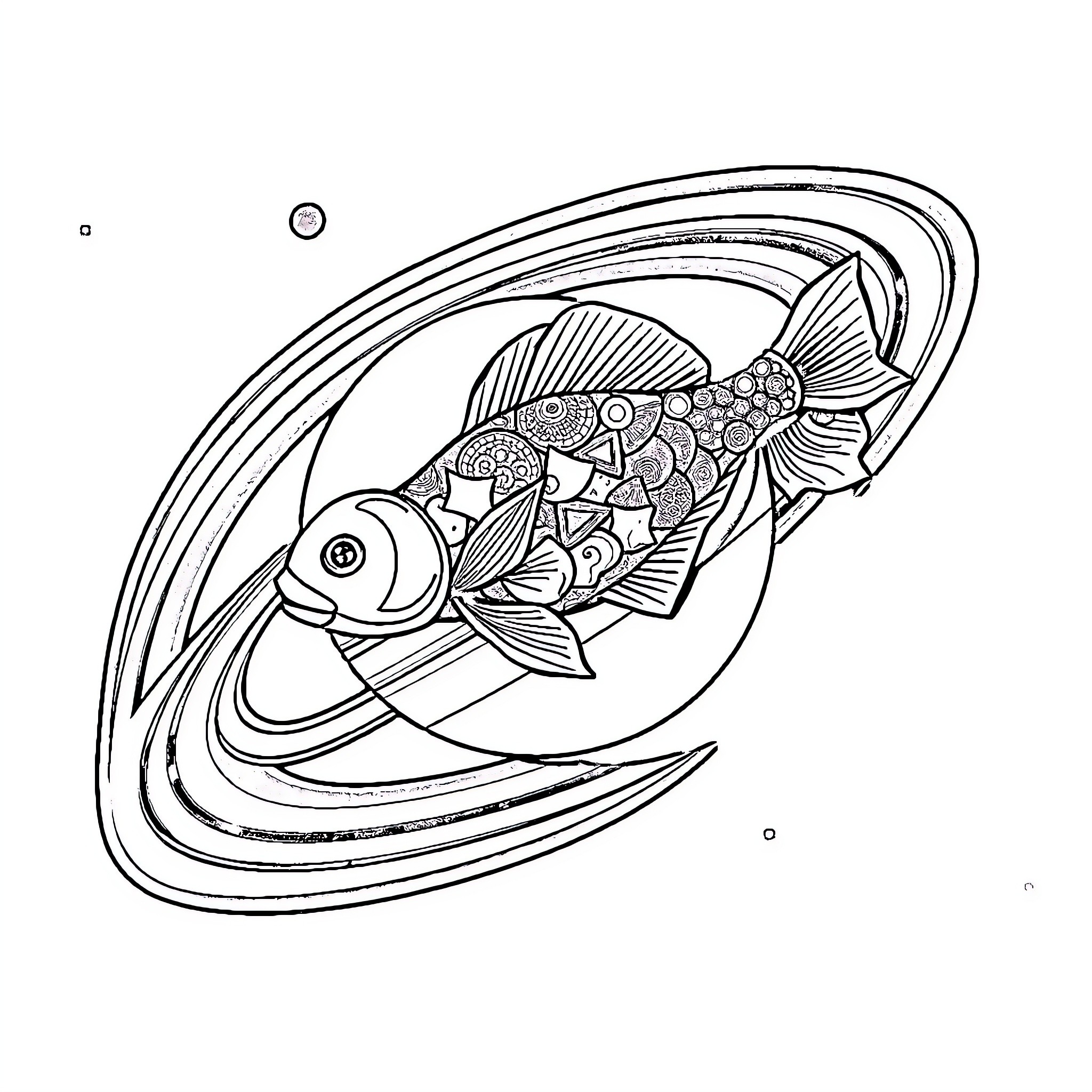 Fish swimming gracefully in abstract design Coloring Page (free black-and-white line drawing printable PDF for all, from beginners to advanced learners, including children, teens, adults, and seniors)