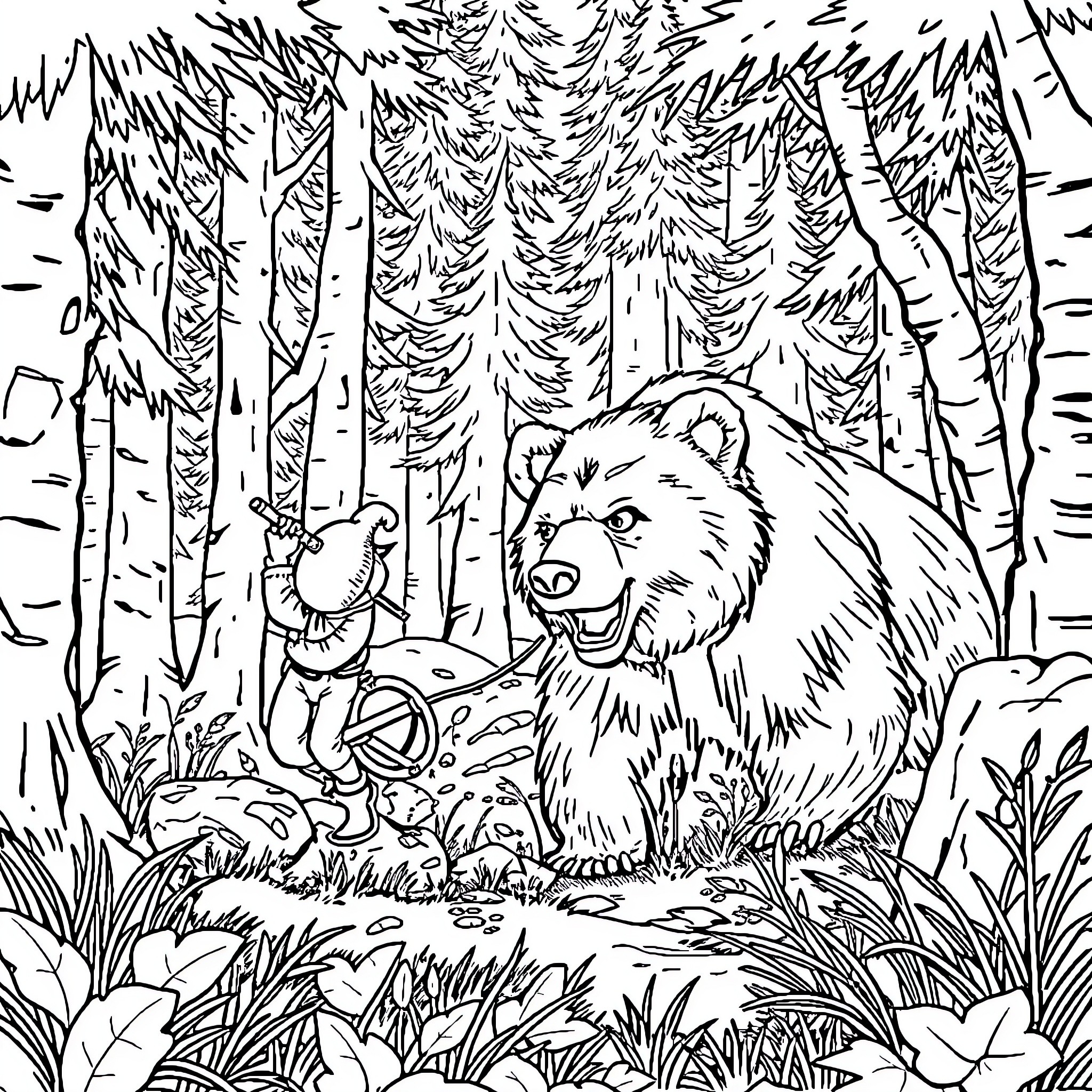 Kid exploring the forest with a growling bear Coloring Page (free black-and-white line drawing printable PDF for all, from beginners to advanced learners, including children, teens, adults, and seniors)