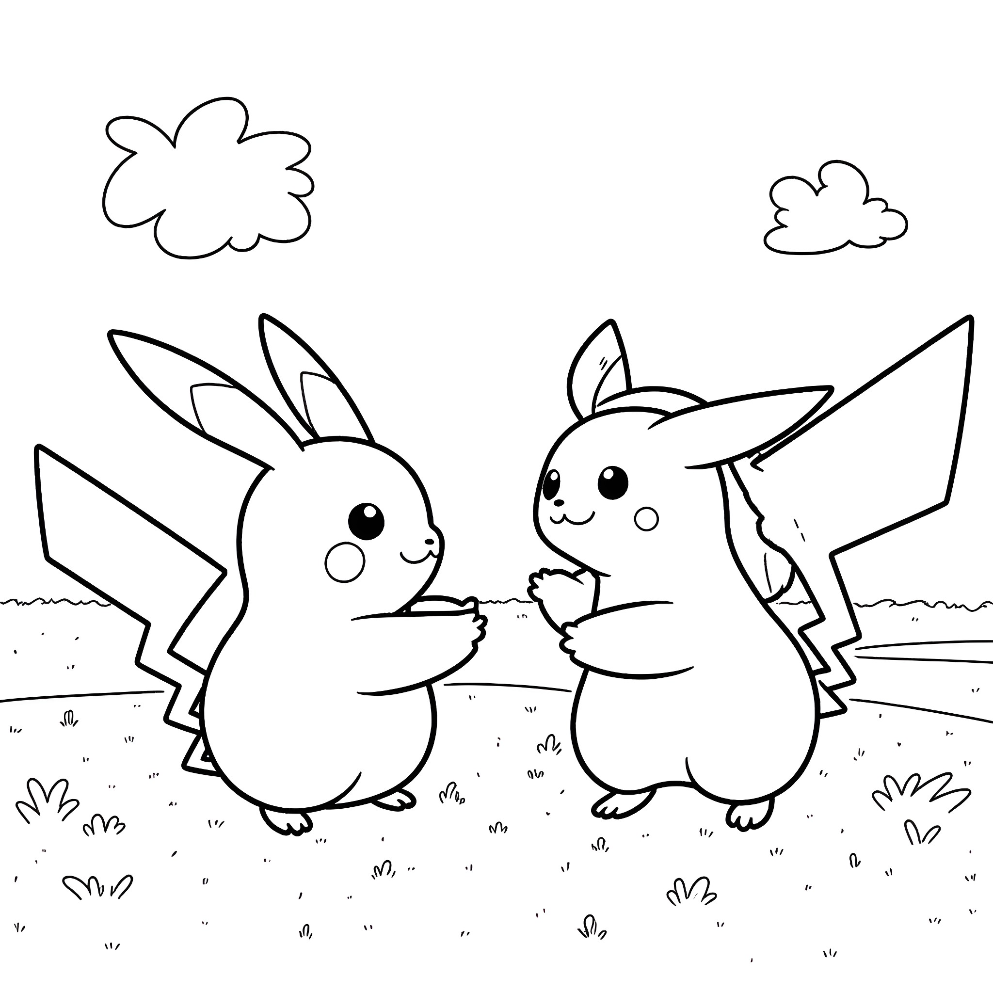 Pikachu playing with Pichu in the meadow Coloring Page (free black-and-white line drawing printable PDF for all, from beginners to advanced learners, including children, teens, adults, and seniors)