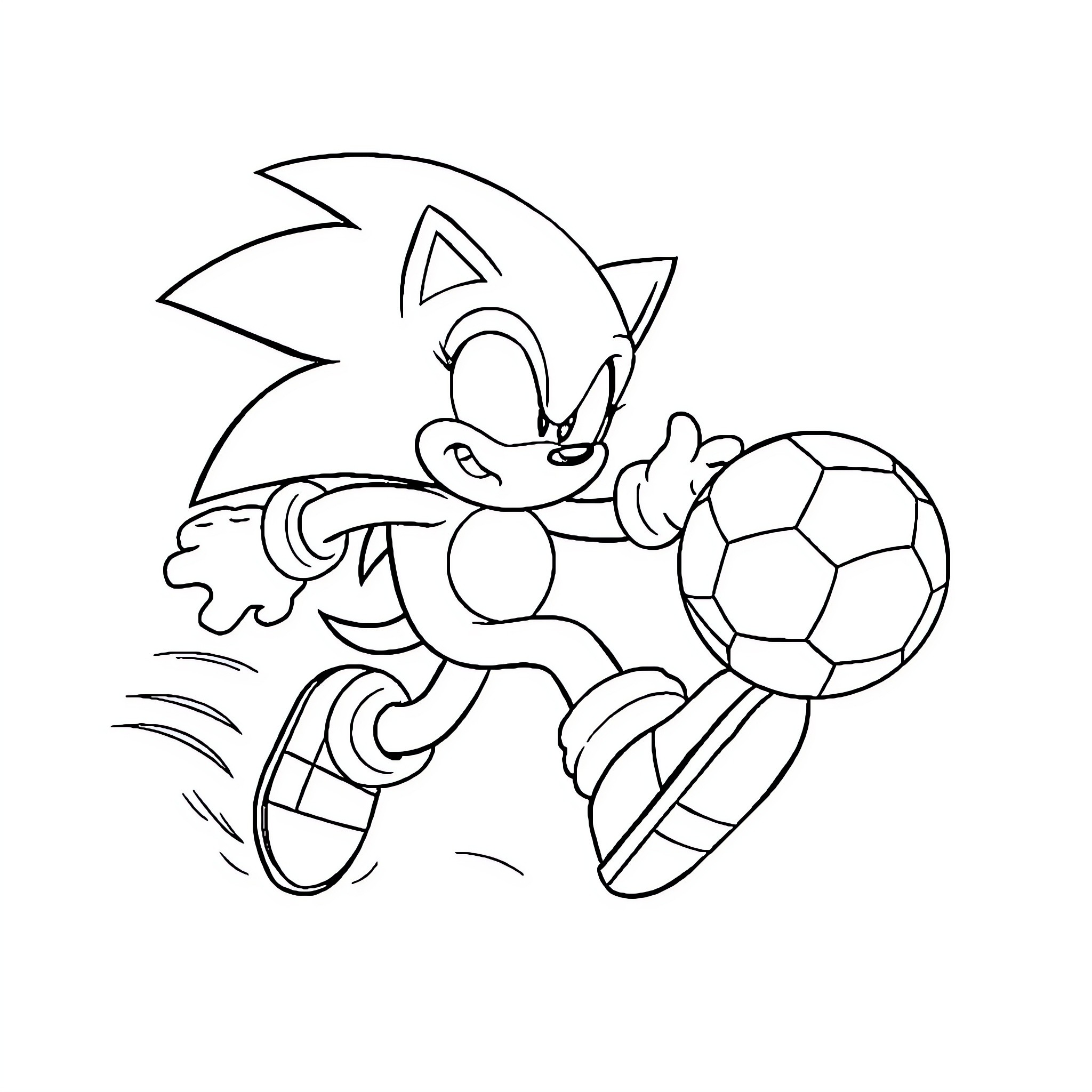 Sonic playing with a soccer ball Coloring Page (free black-and-white line drawing printable PDF for all, from beginners to advanced learners, including children, teens, adults, and seniors)