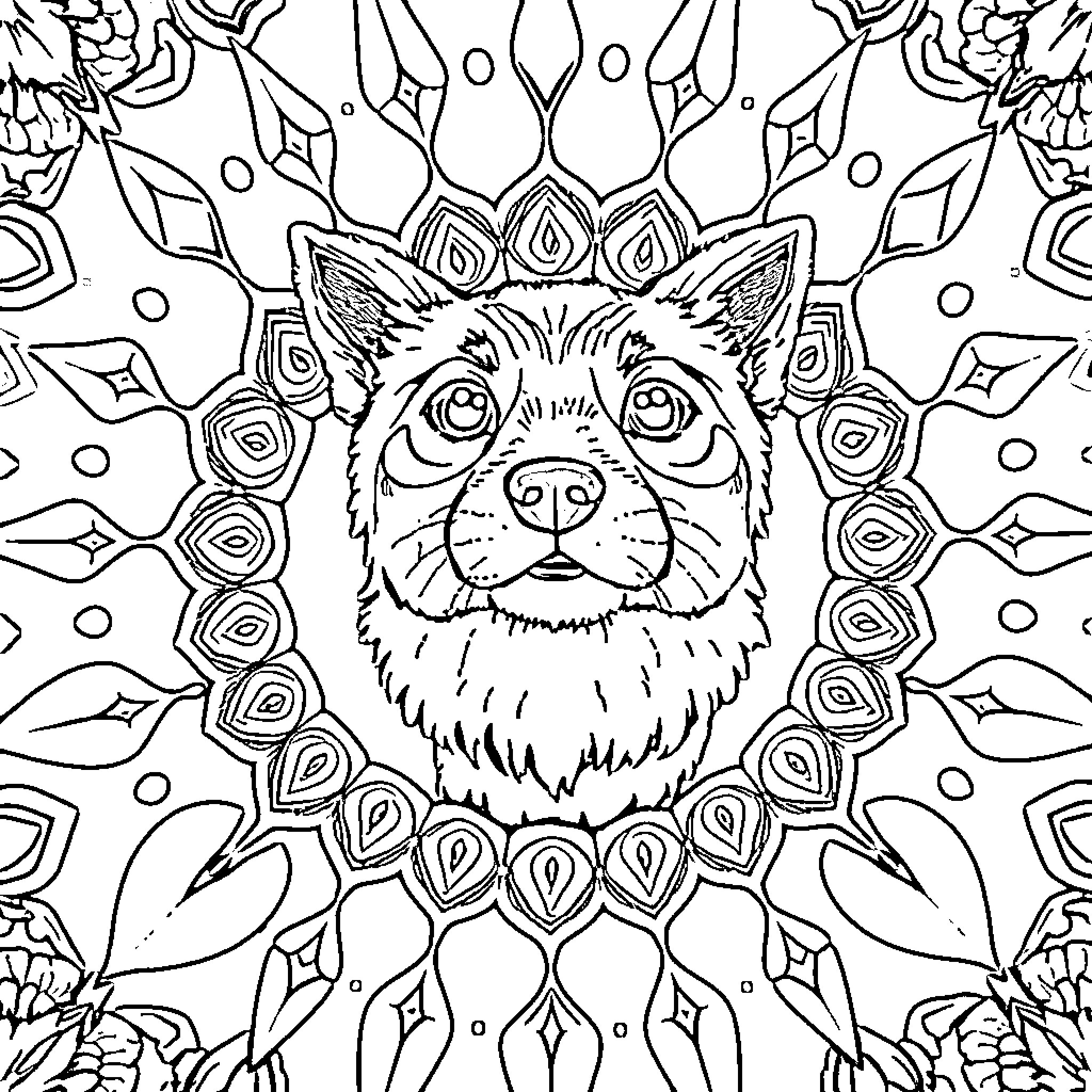 Maltese Dog in Detailed Floral Mandala Coloring Page (free black-and-white line drawing printable PDF for all, from beginners to advanced learners, including children, teens, adults, and seniors)