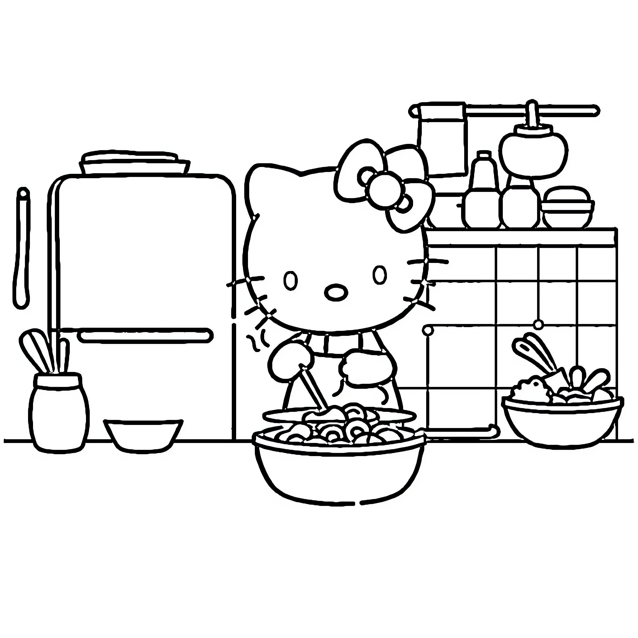 Hello Kitty Cooking in the Kitchen Coloring Page (free black-and-white line drawing printable PDF for all, from beginners to advanced learners, including children, teens, adults, and seniors)