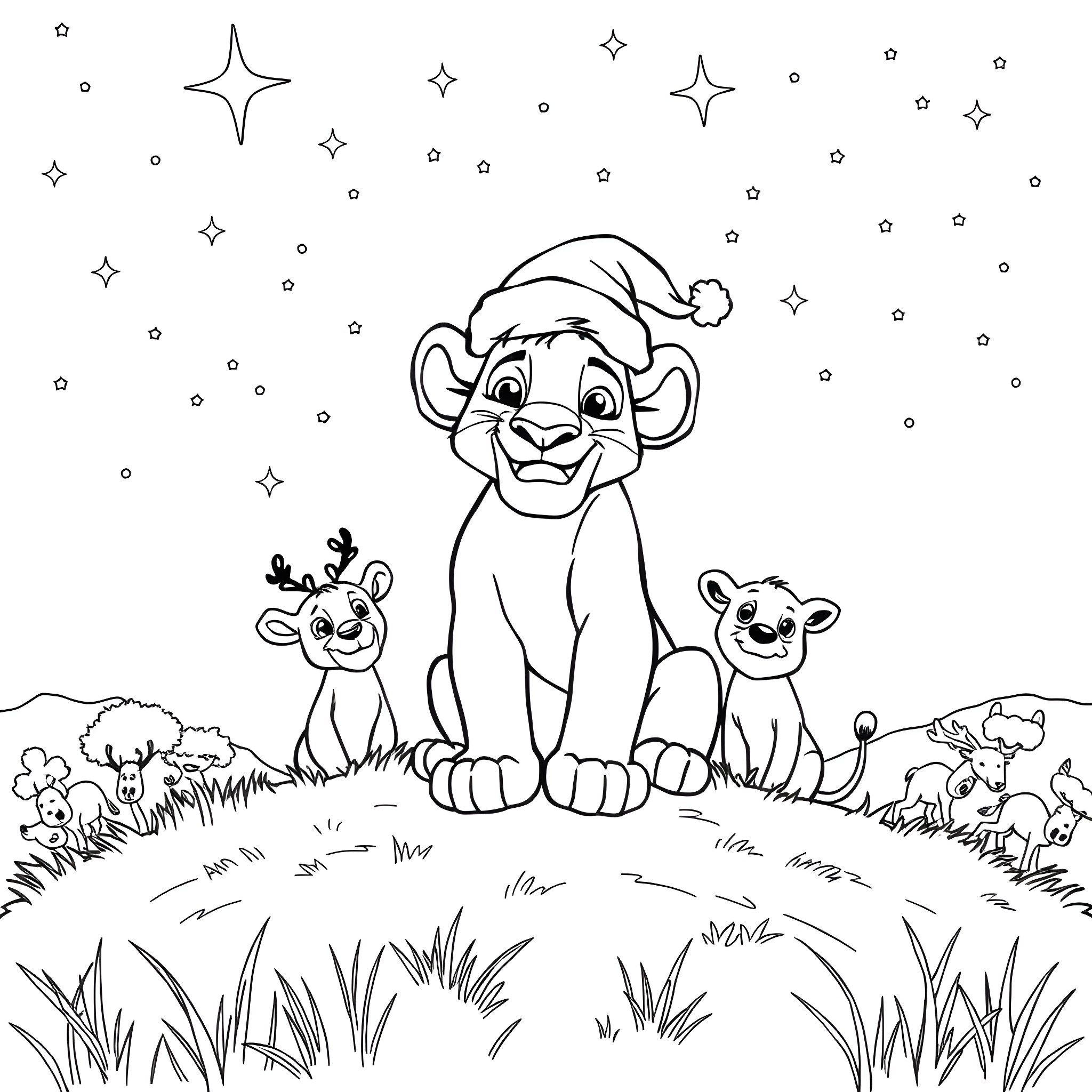 Simba and Young Cubs in Starry Night Coloring Page (free black-and-white line drawing printable PDF for all, from beginners to advanced learners, including children, teens, adults, and seniors)