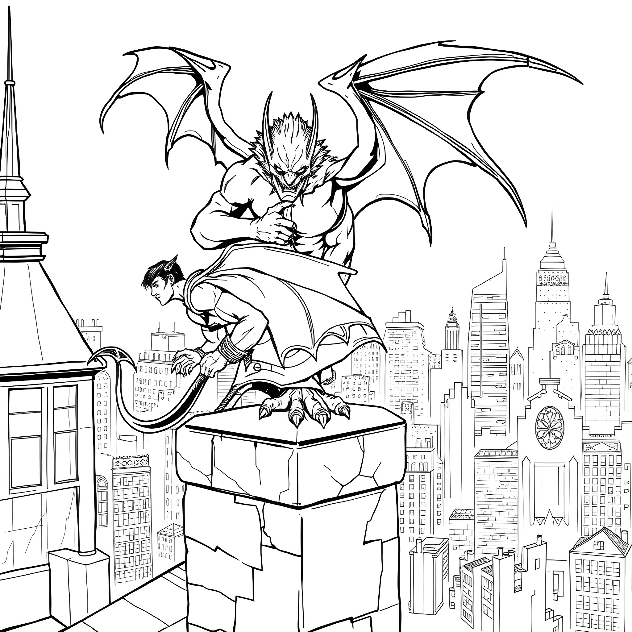 Nightwing Soaring Over the City Coloring Page (free black-and-white line drawing printable PDF for all, from beginners to advanced learners, including children, teens, adults, and seniors)