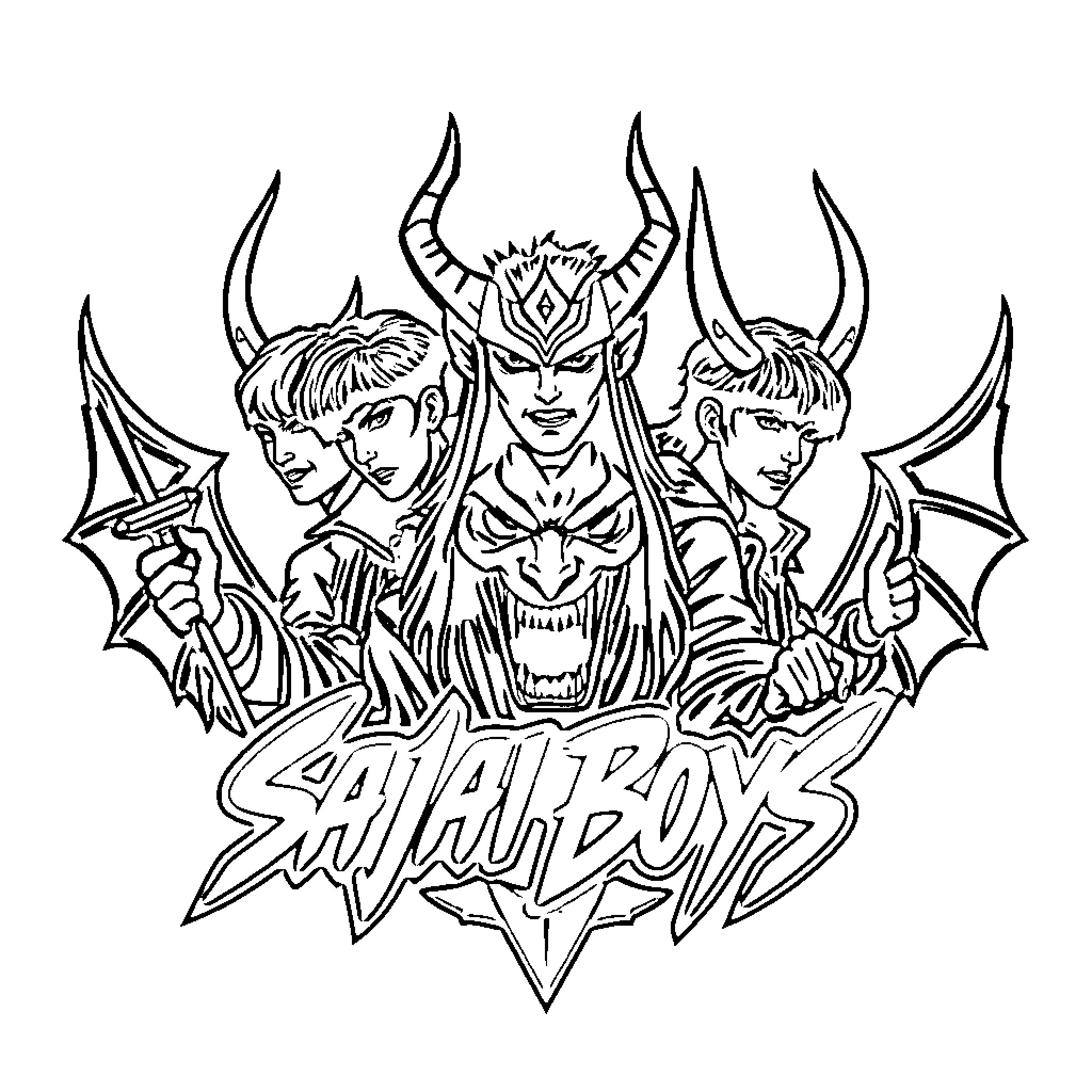 Saja Boys Fierce Demonic Characters Coloring Page (free black-and-white line drawing printable PDF for all, from beginners to advanced learners, including children, teens, adults, and seniors)