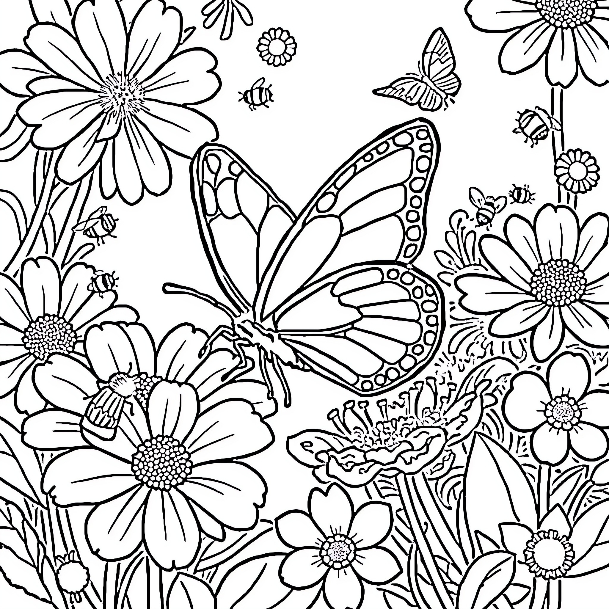 Butterfly Amongst Vibrant Floral Arrangement Coloring Page (free black-and-white line drawing printable PDF for all, from beginners to advanced learners, including children, teens, adults, and seniors)