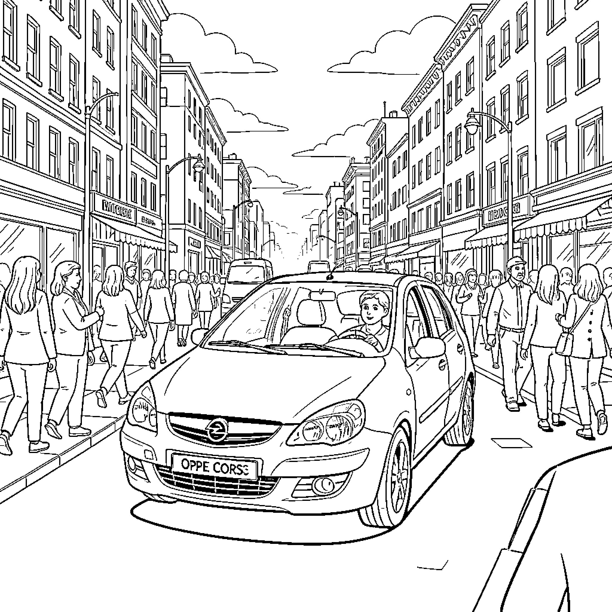 Opel Corsa driving through a busy city street Coloring Page (free black-and-white line drawing printable PDF for all, from beginners to advanced learners, including children, teens, adults, and seniors)