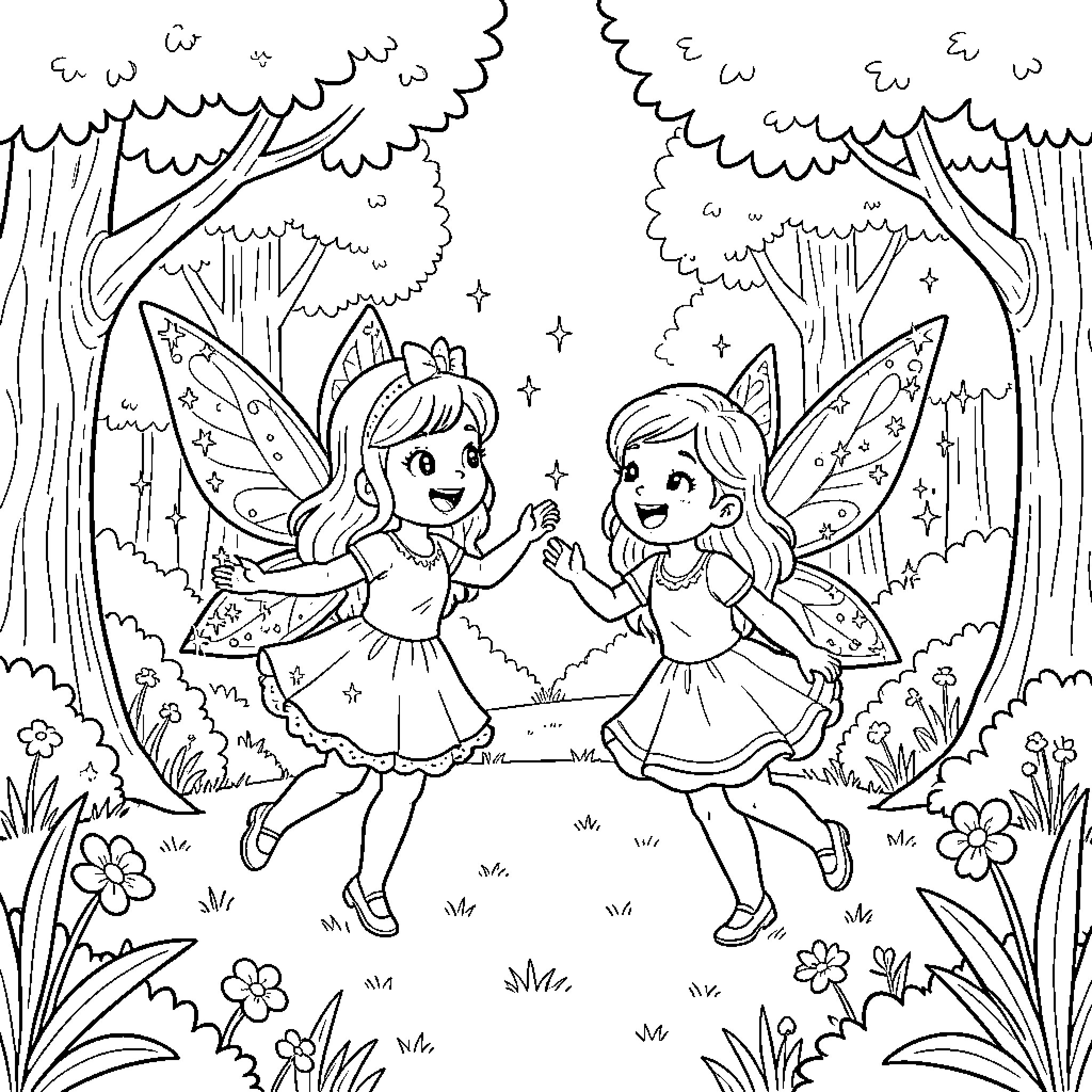 Fairy Friends in a Whimsical Forest Coloring Page (free black-and-white line drawing printable PDF for all, from beginners to advanced learners, including children, teens, adults, and seniors)