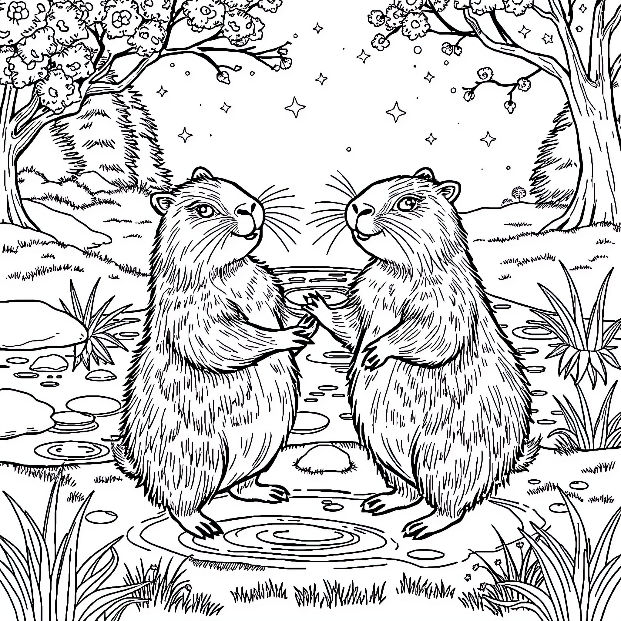 Capybara friends enjoying nature's beauty Coloring Page (free black-and-white line drawing printable PDF for all, from beginners to advanced learners, including children, teens, adults, and seniors)