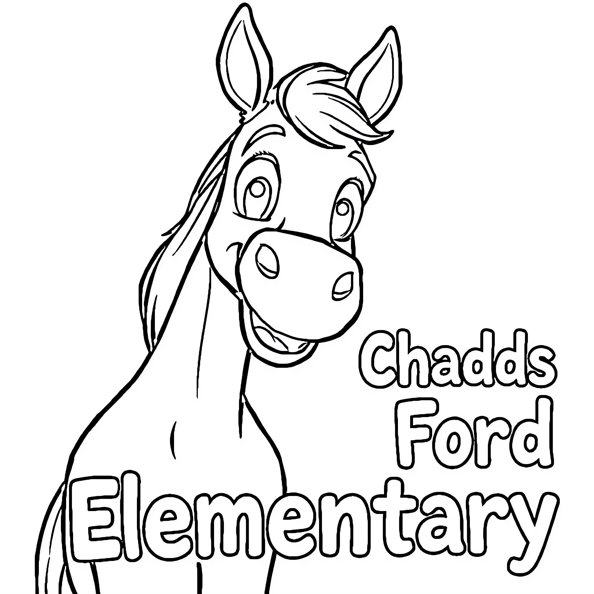 Horse with a Friendly Expression in School Setting Coloring Page (free black-and-white line drawing printable PDF for all, from beginners to advanced learners, including children, teens, adults, and seniors)