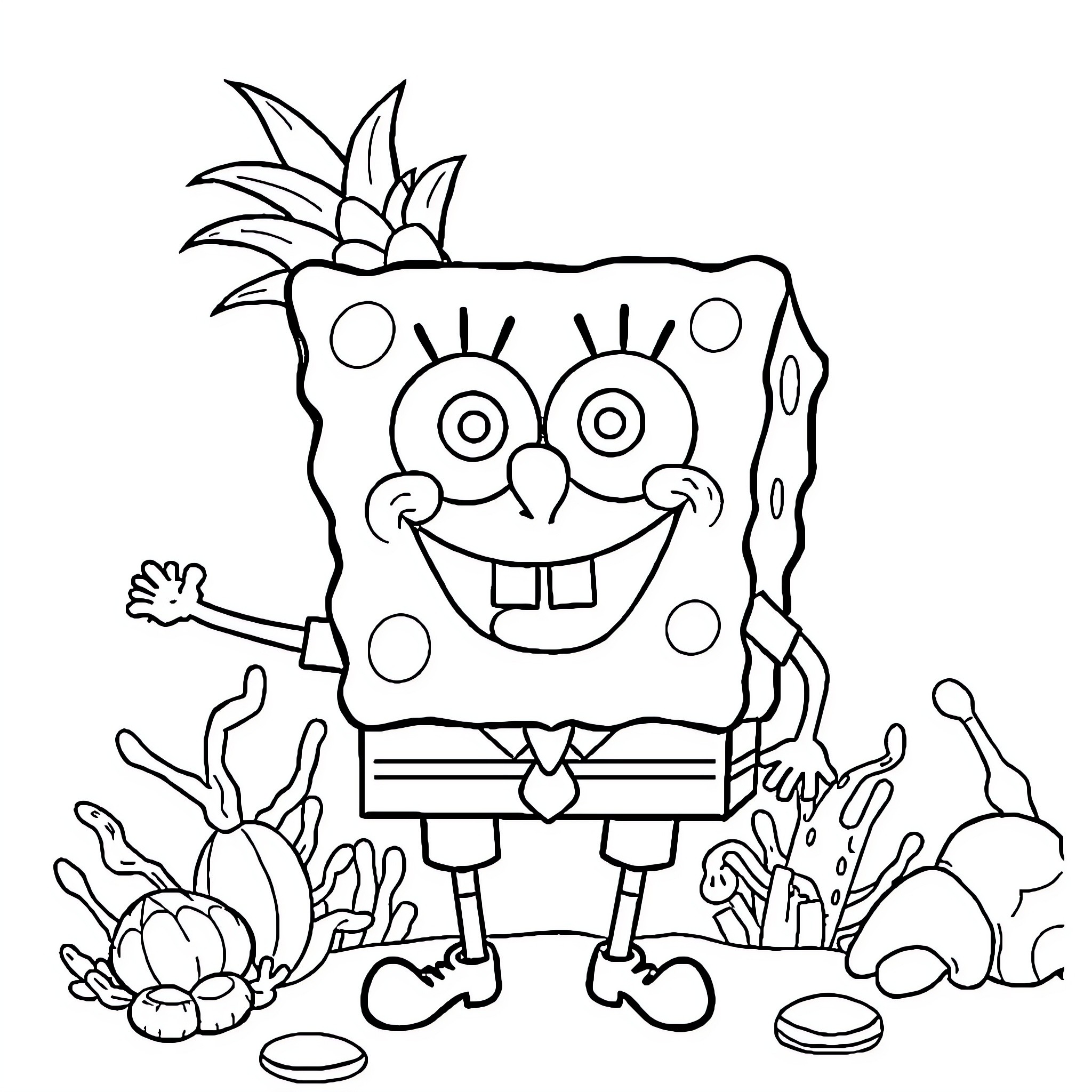 Spongebob's Joyful Underwater Adventure Coloring Page (free black-and-white line drawing printable PDF for all, from beginners to advanced learners, including children, teens, adults, and seniors)