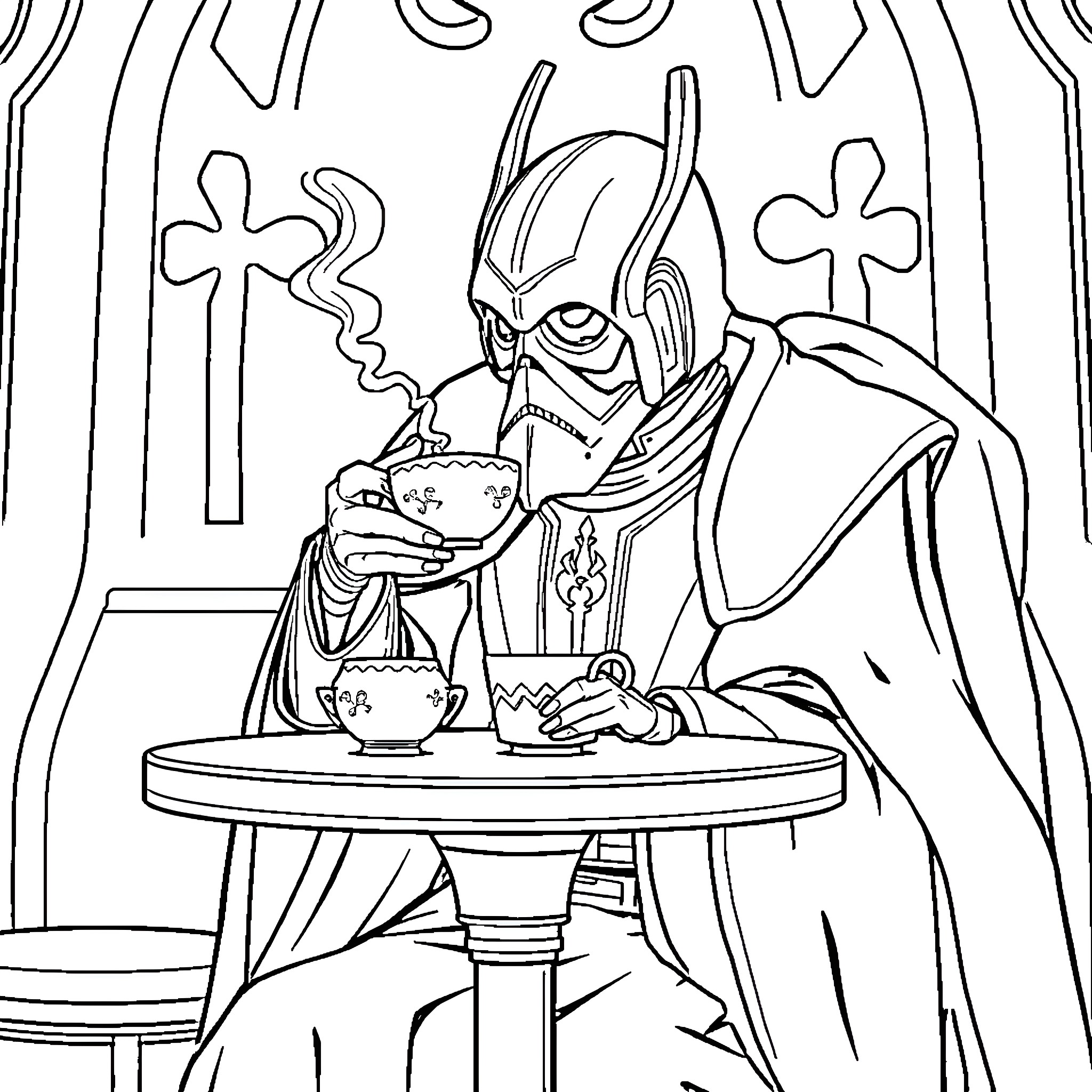 General Grievous enjoying a cup of tea Coloring Page (free black-and-white line drawing printable PDF for all, from beginners to advanced learners, including children, teens, adults, and seniors)