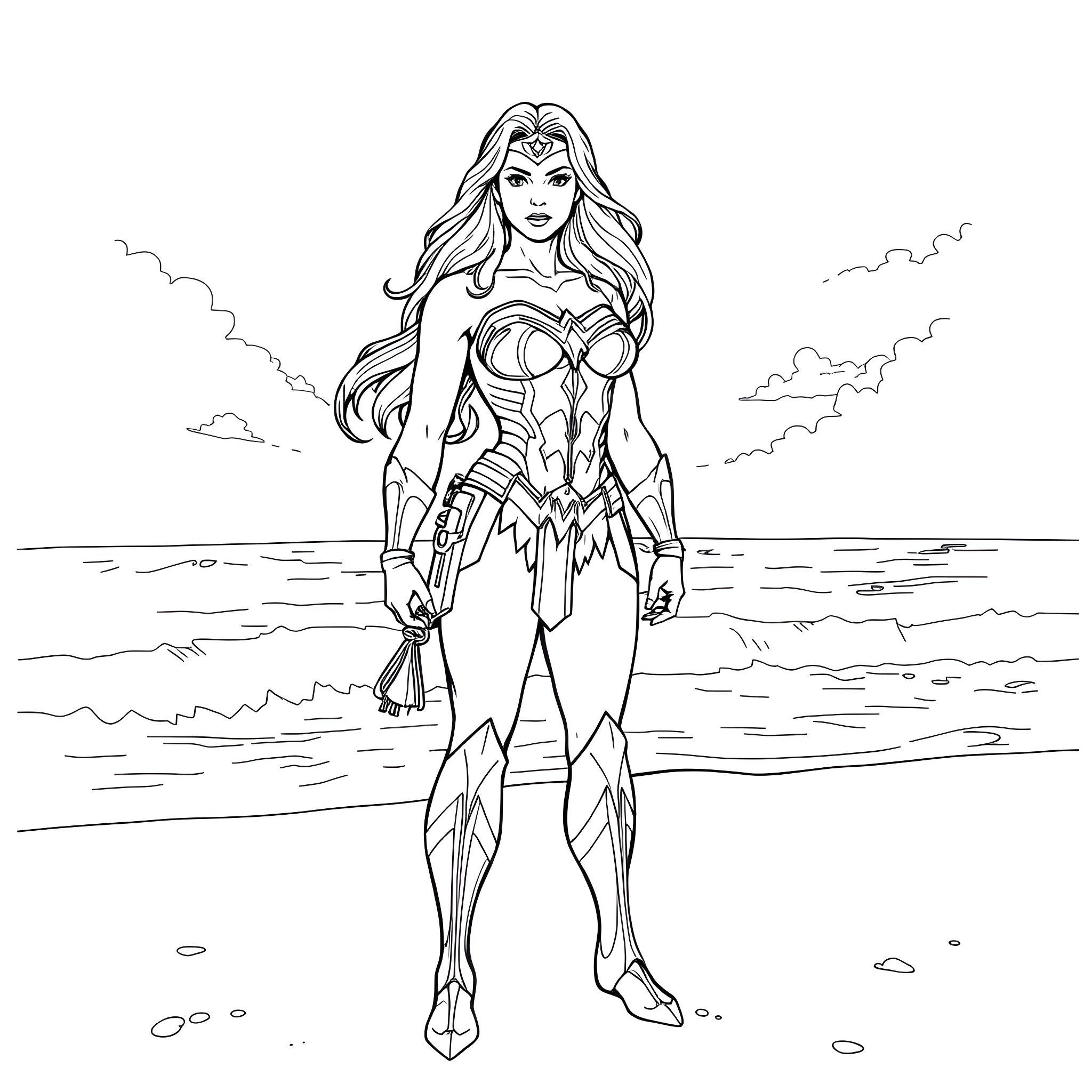 Wonder Woman stands heroically on the beach Coloring Page (free black-and-white line drawing printable PDF for all, from beginners to advanced learners, including children, teens, adults, and seniors)