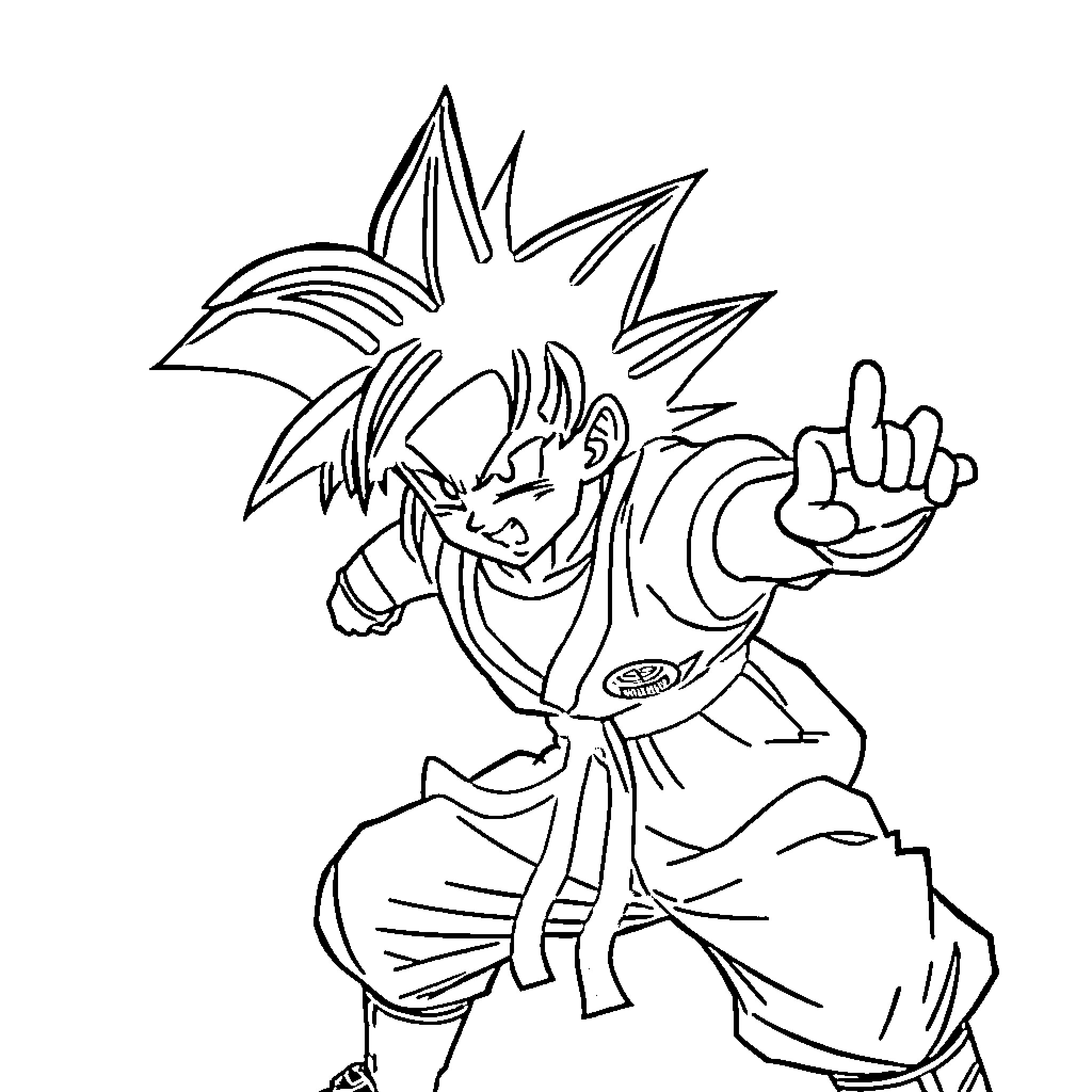 Goku in a fighting pose with fierce expression Coloring Page (free black-and-white line drawing printable PDF for all, from beginners to advanced learners, including children, teens, adults, and seniors)
