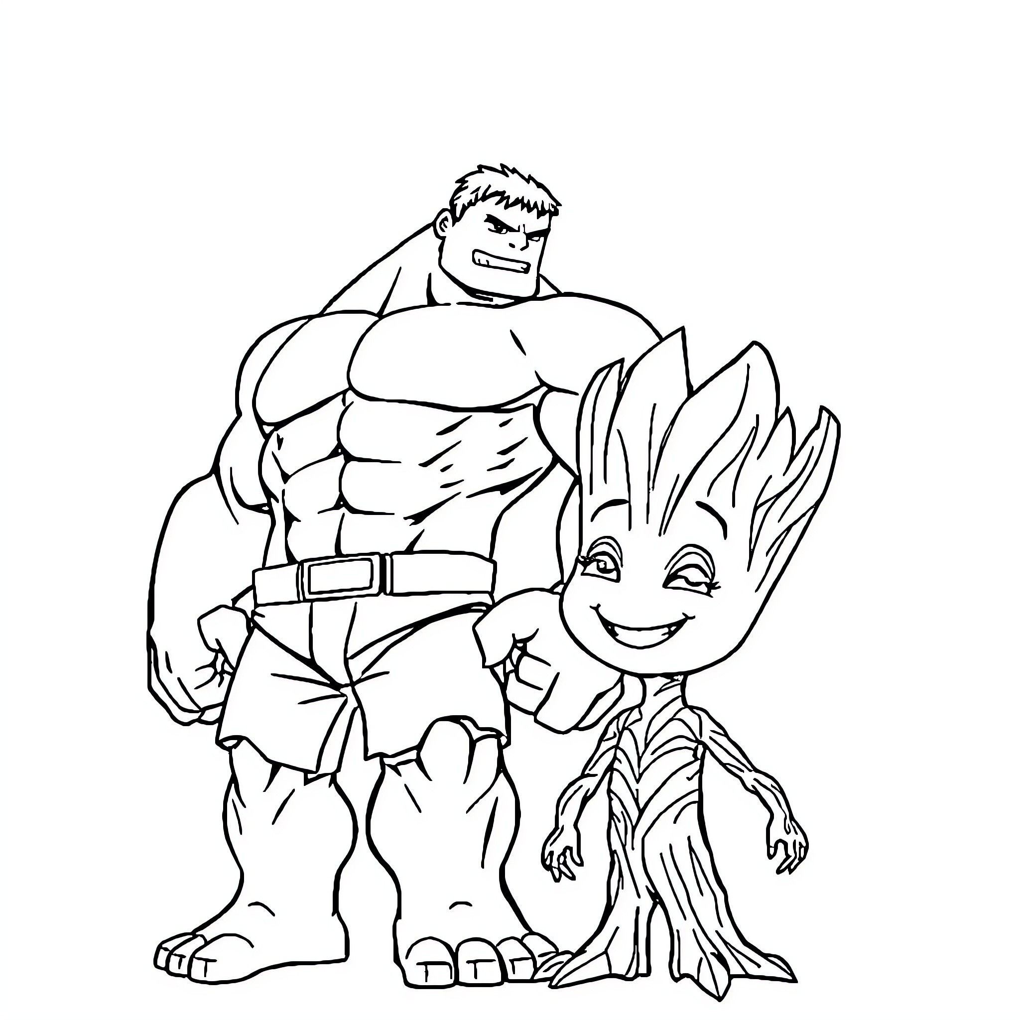 Hulk and Groot Pose Together Happily Coloring Page (free black-and-white line drawing printable PDF for all, from beginners to advanced learners, including children, teens, adults, and seniors)