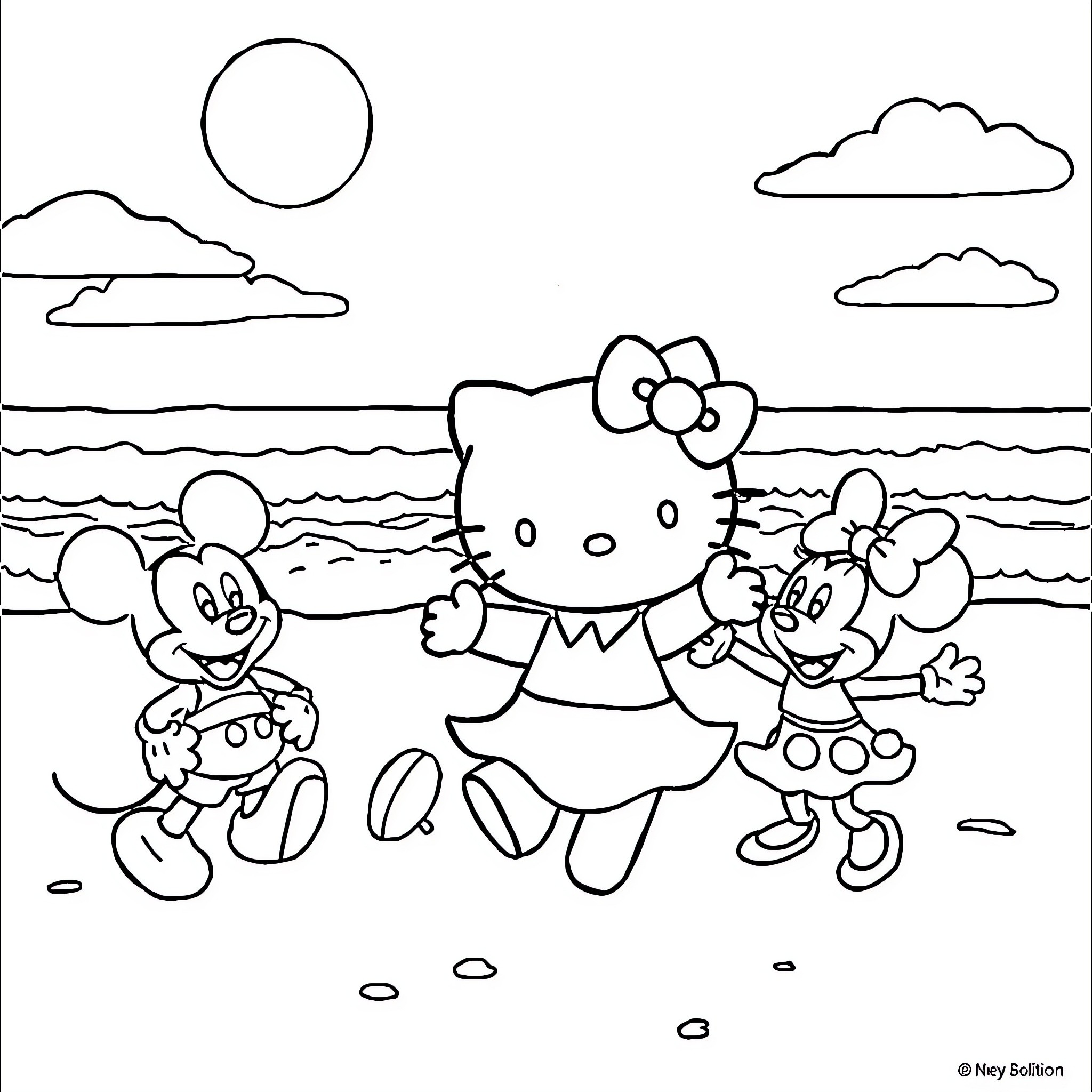 Hello Kitty playing at the beach with friends Coloring Page (free black-and-white line drawing printable PDF for all, from beginners to advanced learners, including children, teens, adults, and seniors)