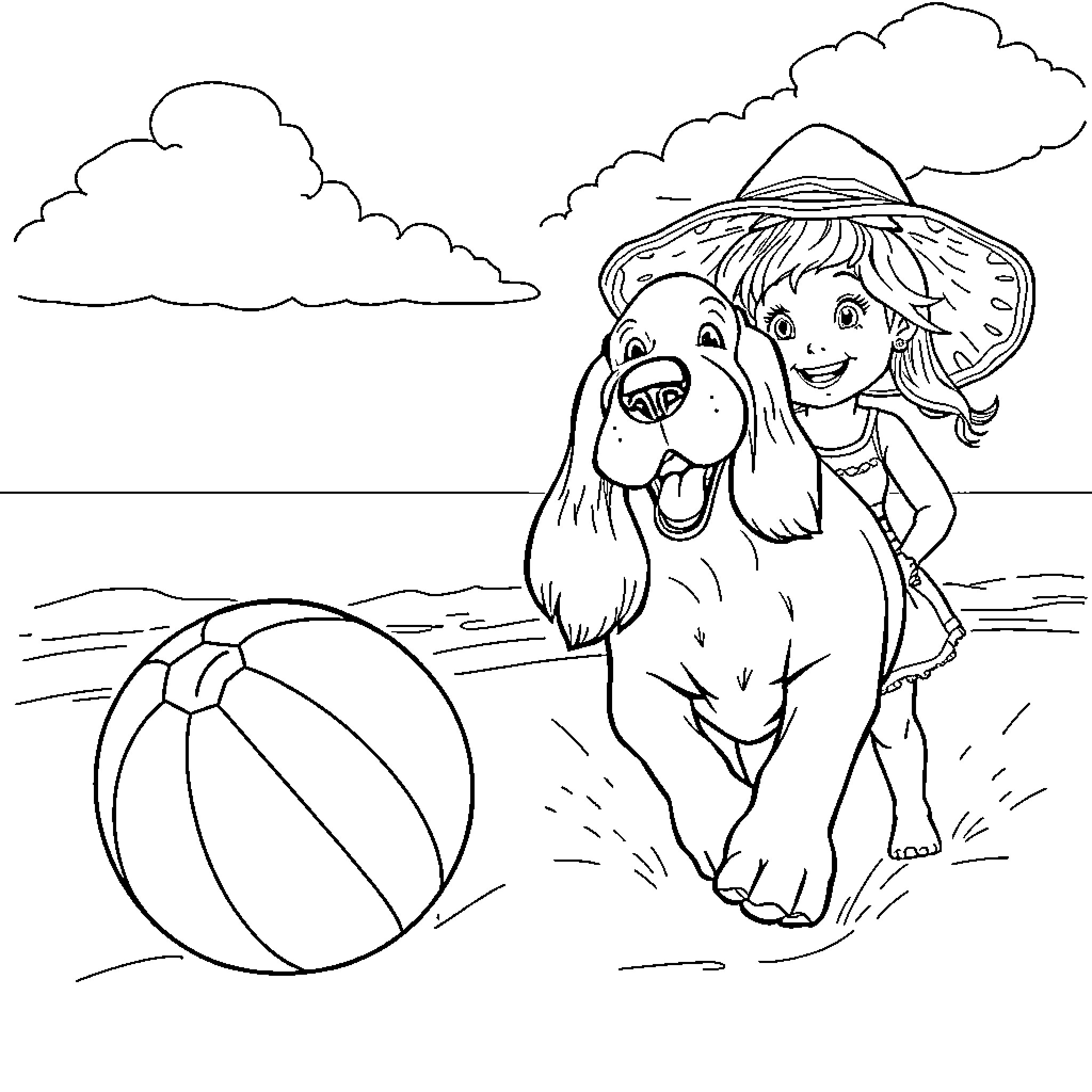 Basset Hound and girl playing with beach ball Coloring Page (free black-and-white line drawing printable PDF for all, from beginners to advanced learners, including children, teens, adults, and seniors)