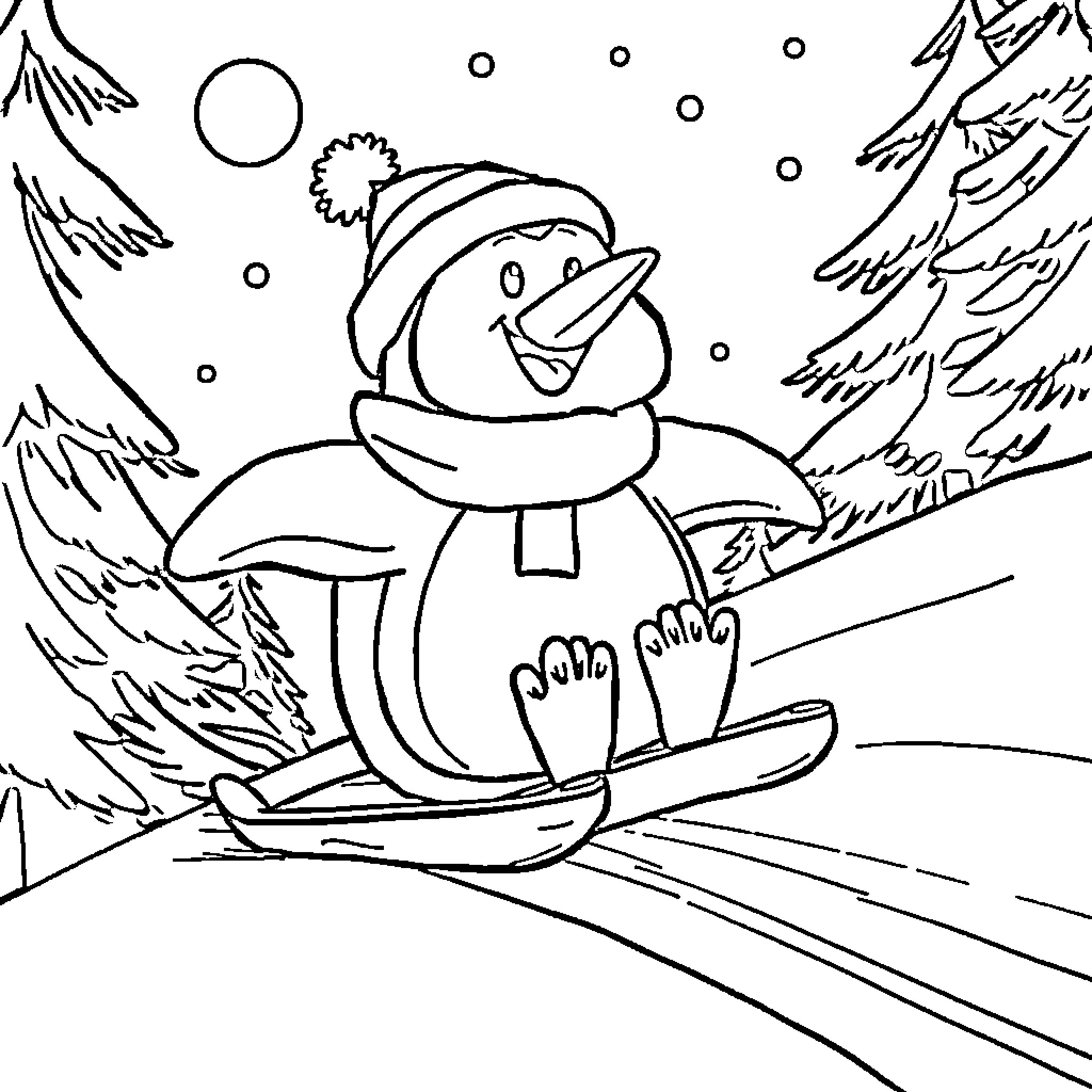 Penguin snowboarding in the winter forest Coloring Page (free black-and-white line drawing printable PDF for all, from beginners to advanced learners, including children, teens, adults, and seniors)