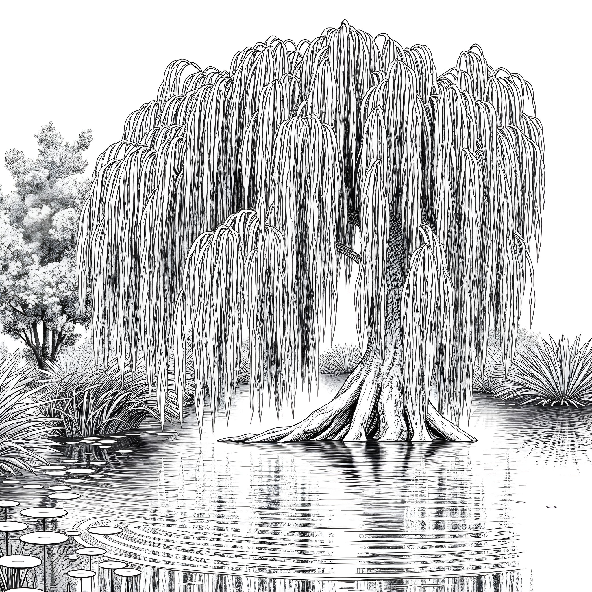 Willow Tree Reflected in Serene Pond Coloring Page (free black-and-white line drawing printable PDF for all, from beginners to advanced learners, including children, teens, adults, and seniors)