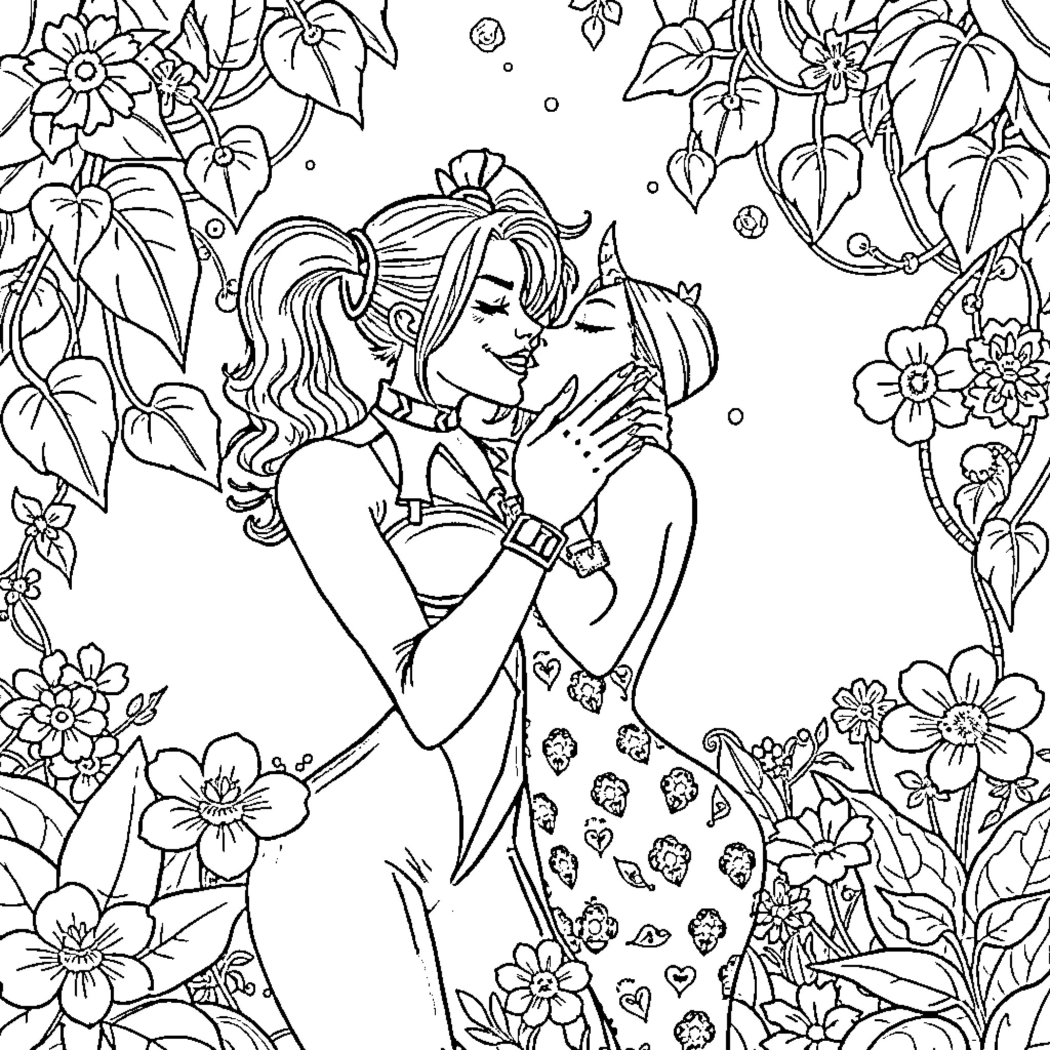 Harley Quinn in a romantic embrace surrounded by flowers Coloring Page (free black-and-white line drawing printable PDF for all, from beginners to advanced learners, including children, teens, adults, and seniors)