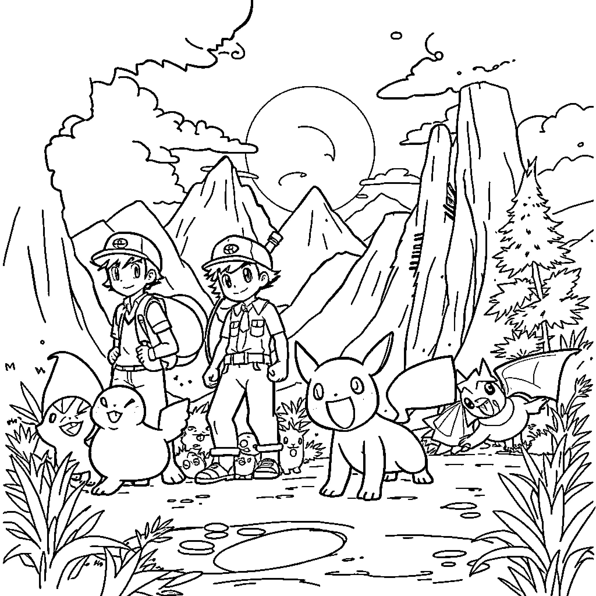 Pokémon trainers exploring the wilderness with their companions Coloring Page (free black-and-white line drawing printable PDF for all, from beginners to advanced learners, including children, teens, adults, and seniors)
