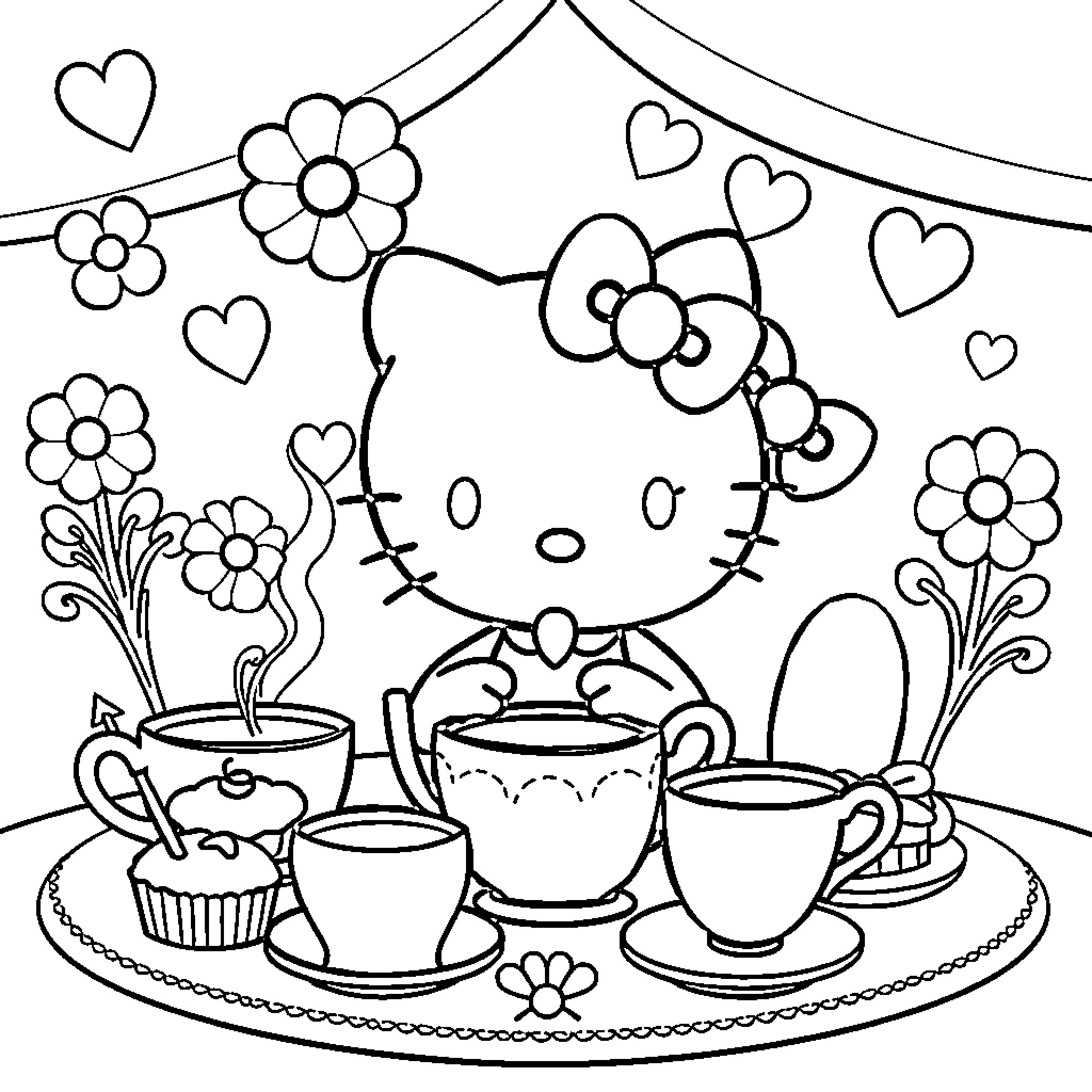 Hello Kitty enjoying tea party with friends Coloring Page (free black-and-white line drawing printable PDF for all, from beginners to advanced learners, including children, teens, adults, and seniors)
