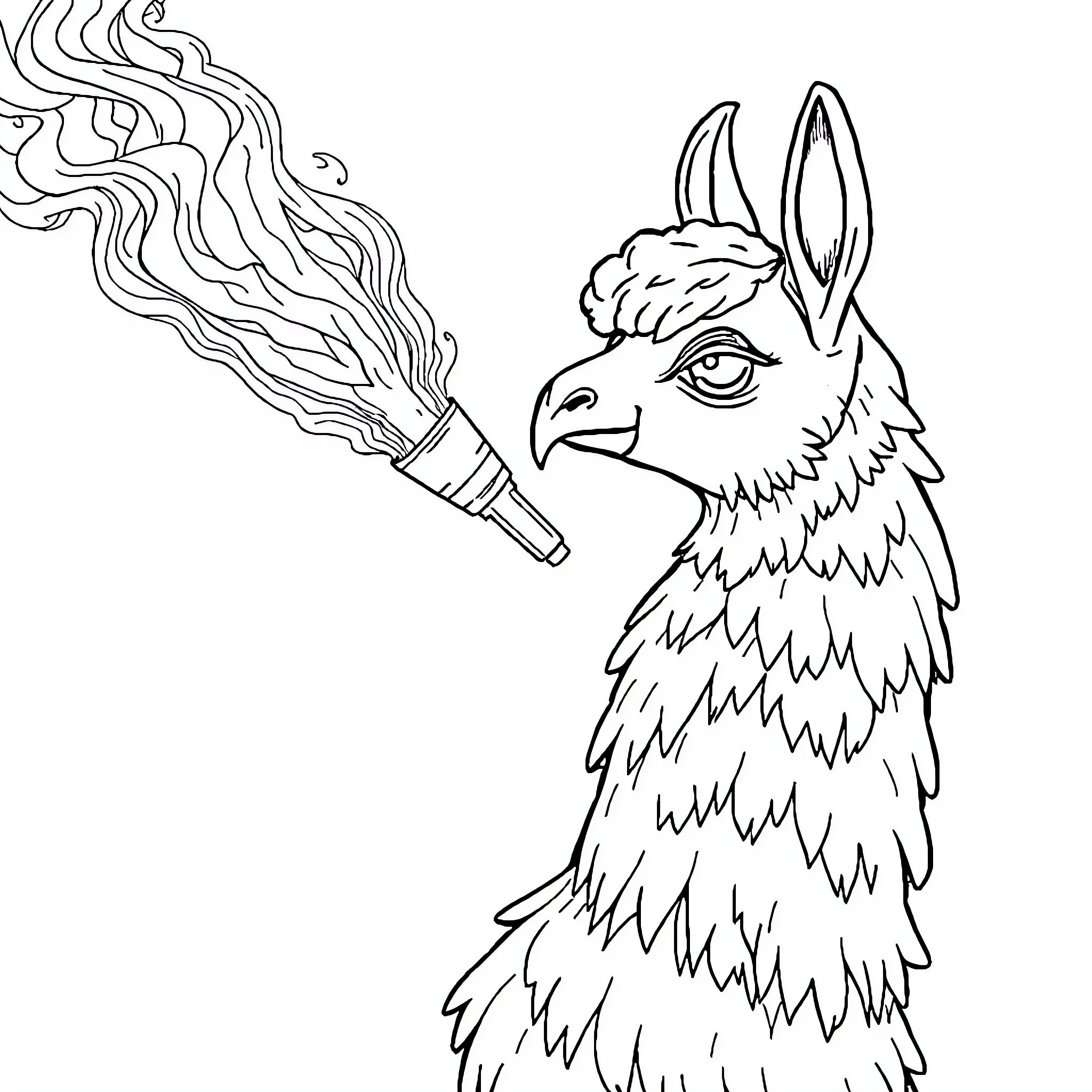 Llama blowing smoke from its mouth Coloring Page (free black-and-white line drawing printable PDF for all, from beginners to advanced learners, including children, teens, adults, and seniors)