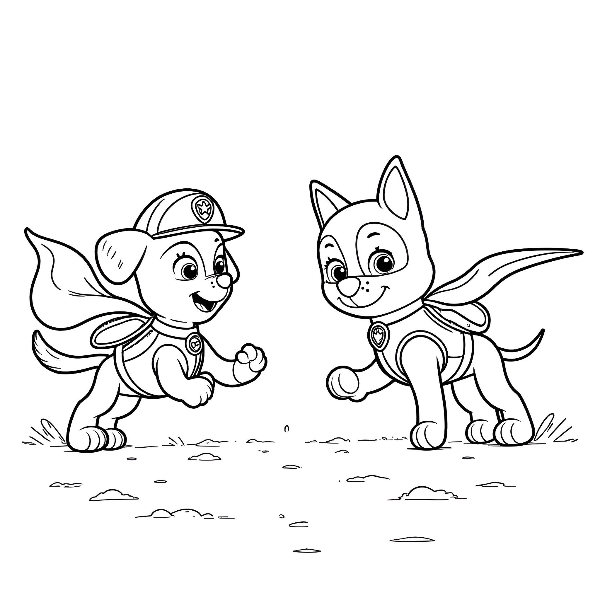 Marshall and Pup Playing in the Field Coloring Page (free black-and-white line drawing printable PDF for all, from beginners to advanced learners, including children, teens, adults, and seniors)