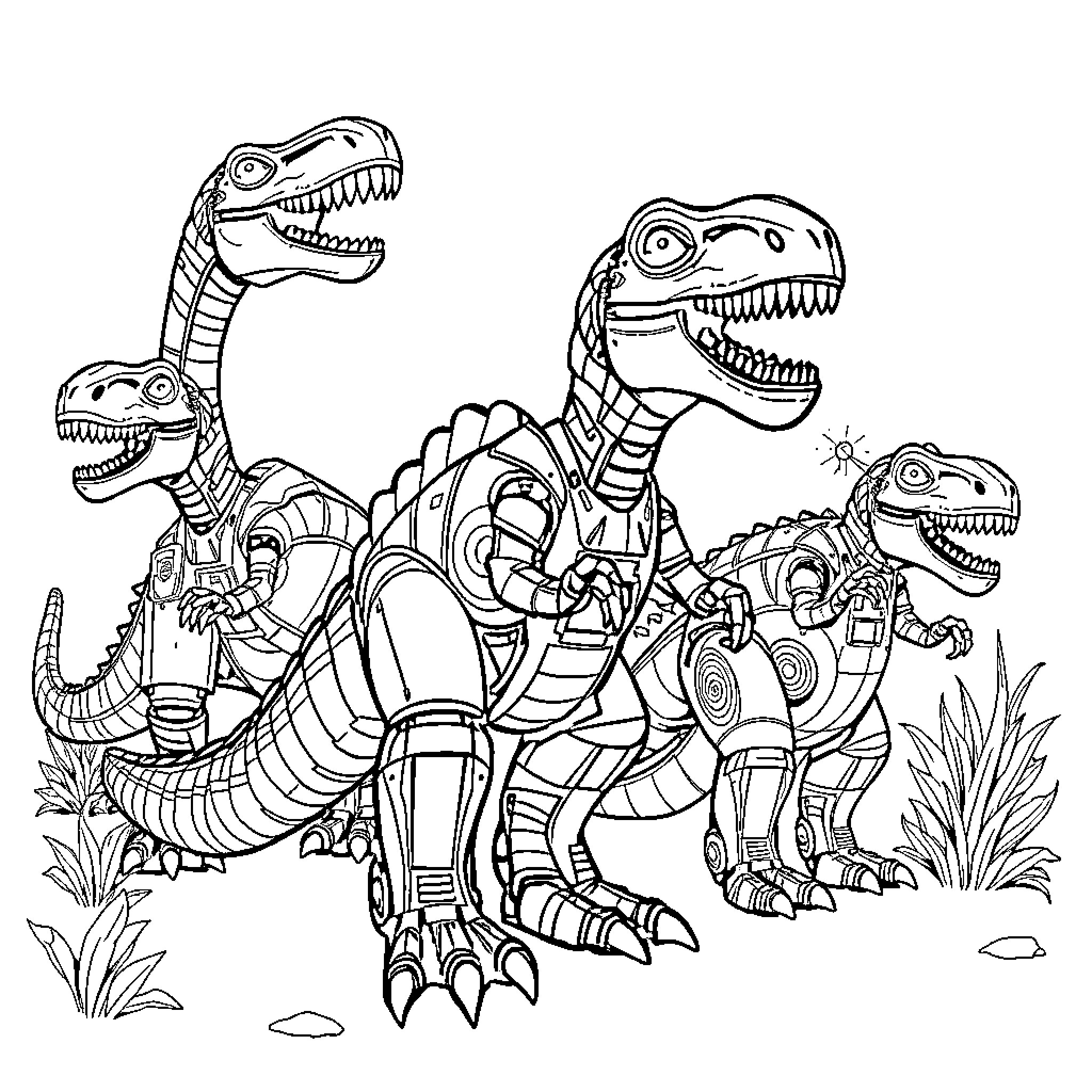 Robot Dinosaurs in Prehistoric Scene Coloring Page (free black-and-white line drawing printable PDF for all, from beginners to advanced learners, including children, teens, adults, and seniors)