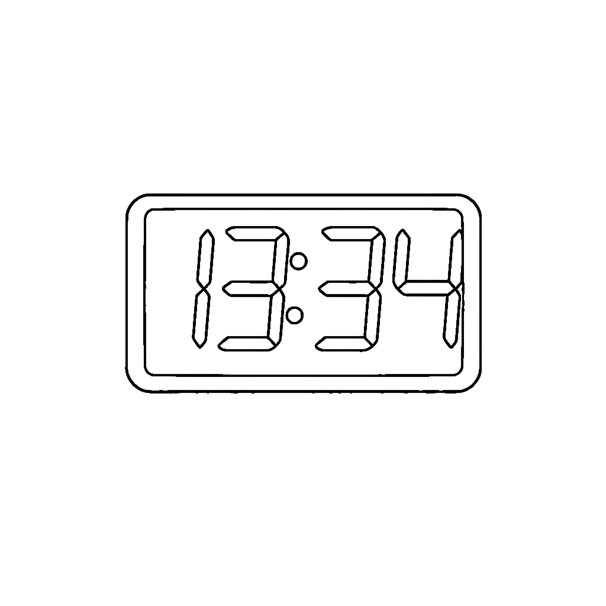Clock displaying digital time Coloring Page (free black-and-white line drawing printable PDF for all, from beginners to advanced learners, including children, teens, adults, and seniors)