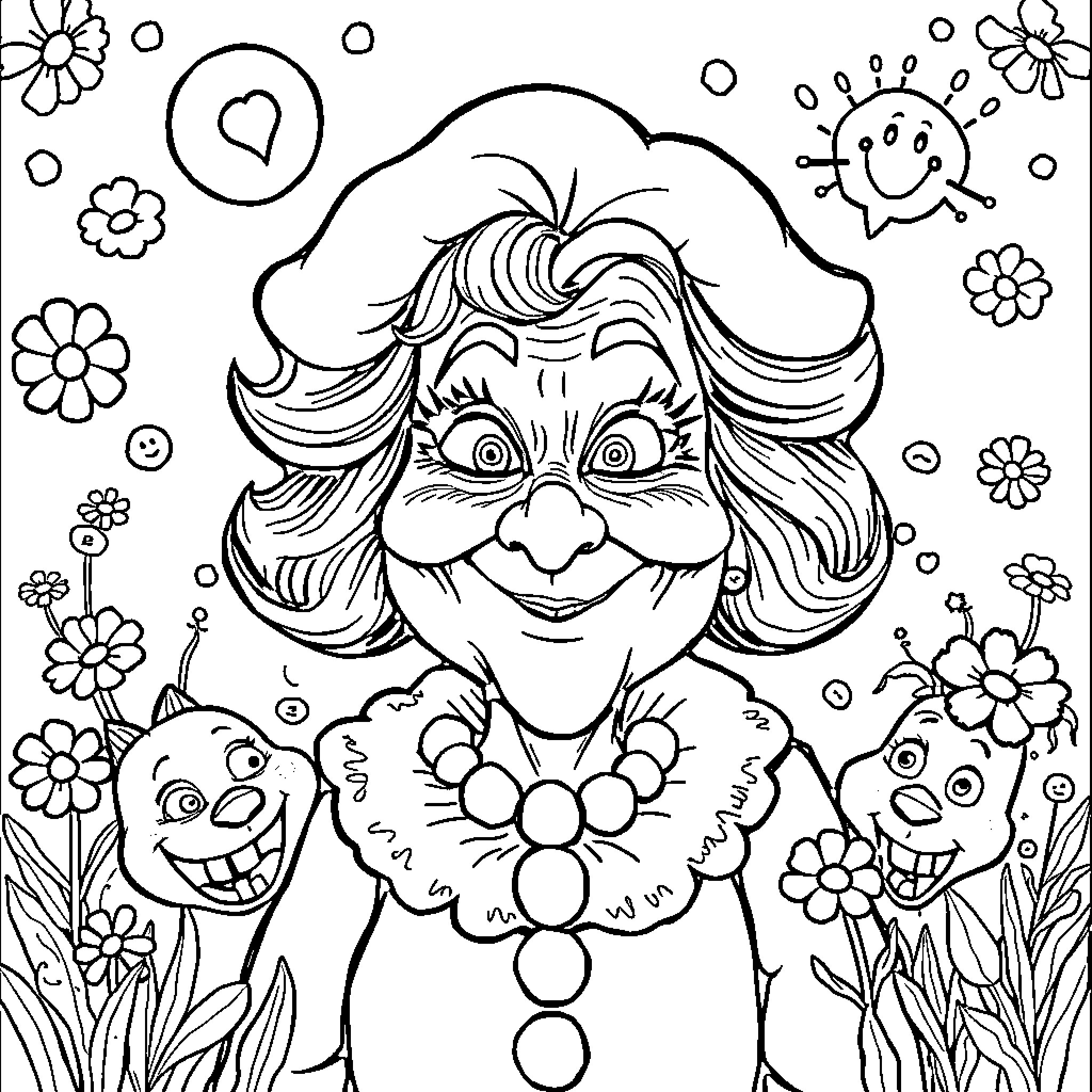Aunt's Playful Flower Garden Adventure Coloring Page (free black-and-white line drawing printable PDF for all, from beginners to advanced learners, including children, teens, adults, and seniors)