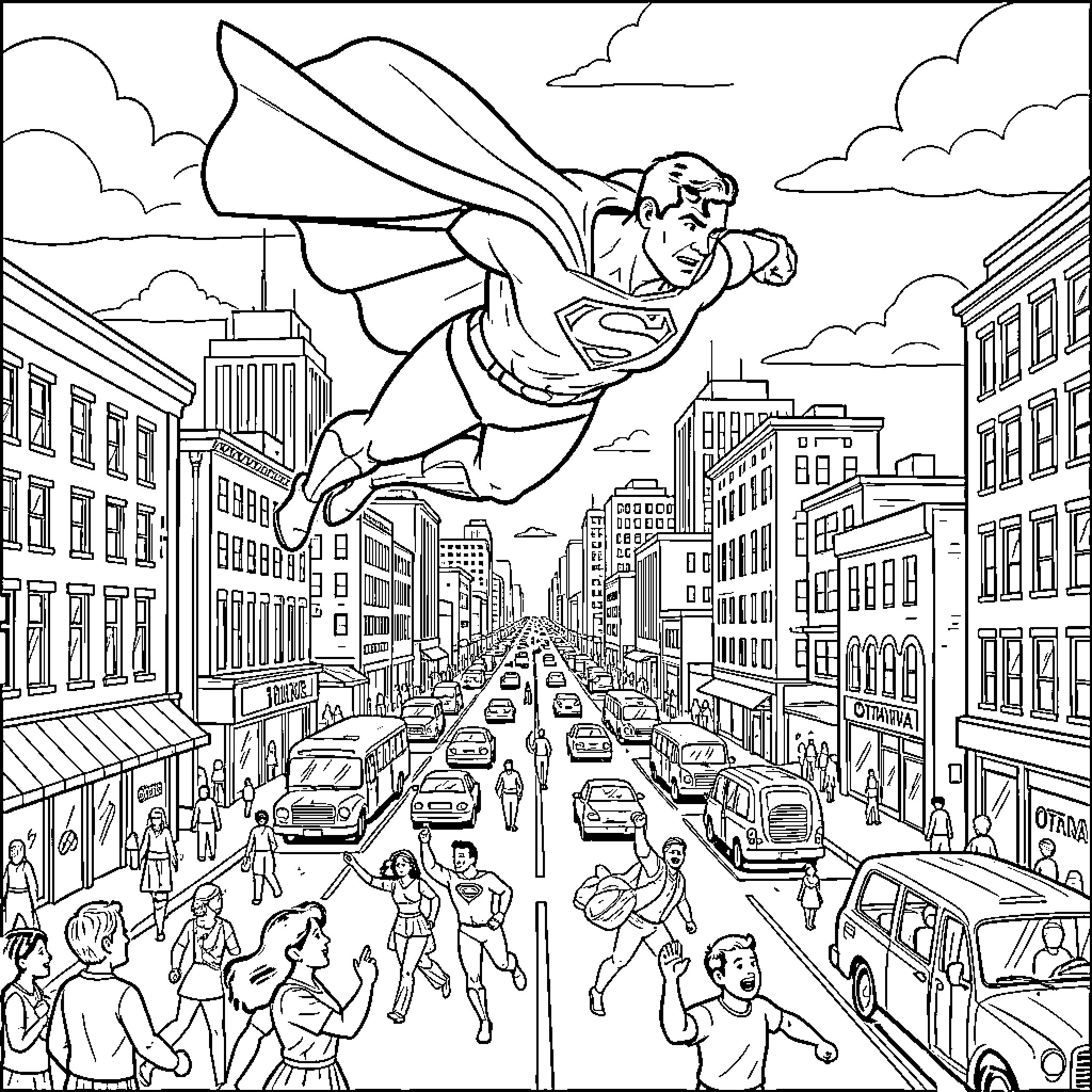 Superman soaring high above the bustling city streets Coloring Page (free black-and-white line drawing printable PDF for all, from beginners to advanced learners, including children, teens, adults, and seniors)