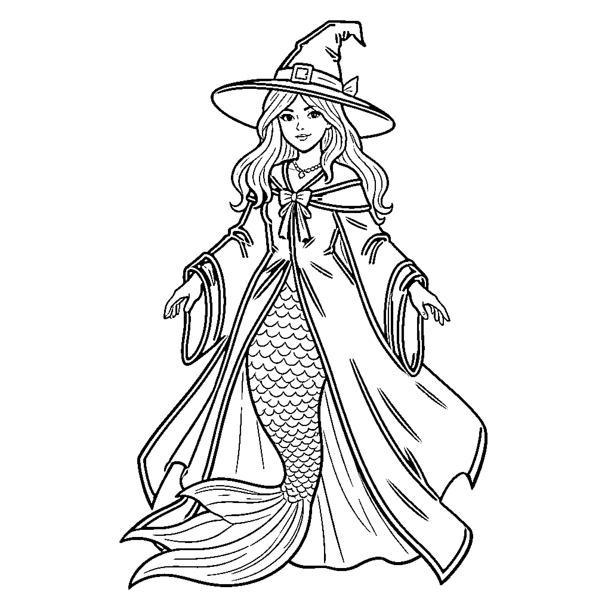 Mermaid wearing a wizard hat and flowing robes Coloring Page (free black-and-white line drawing printable PDF for all, from beginners to advanced learners, including children, teens, adults, and seniors)