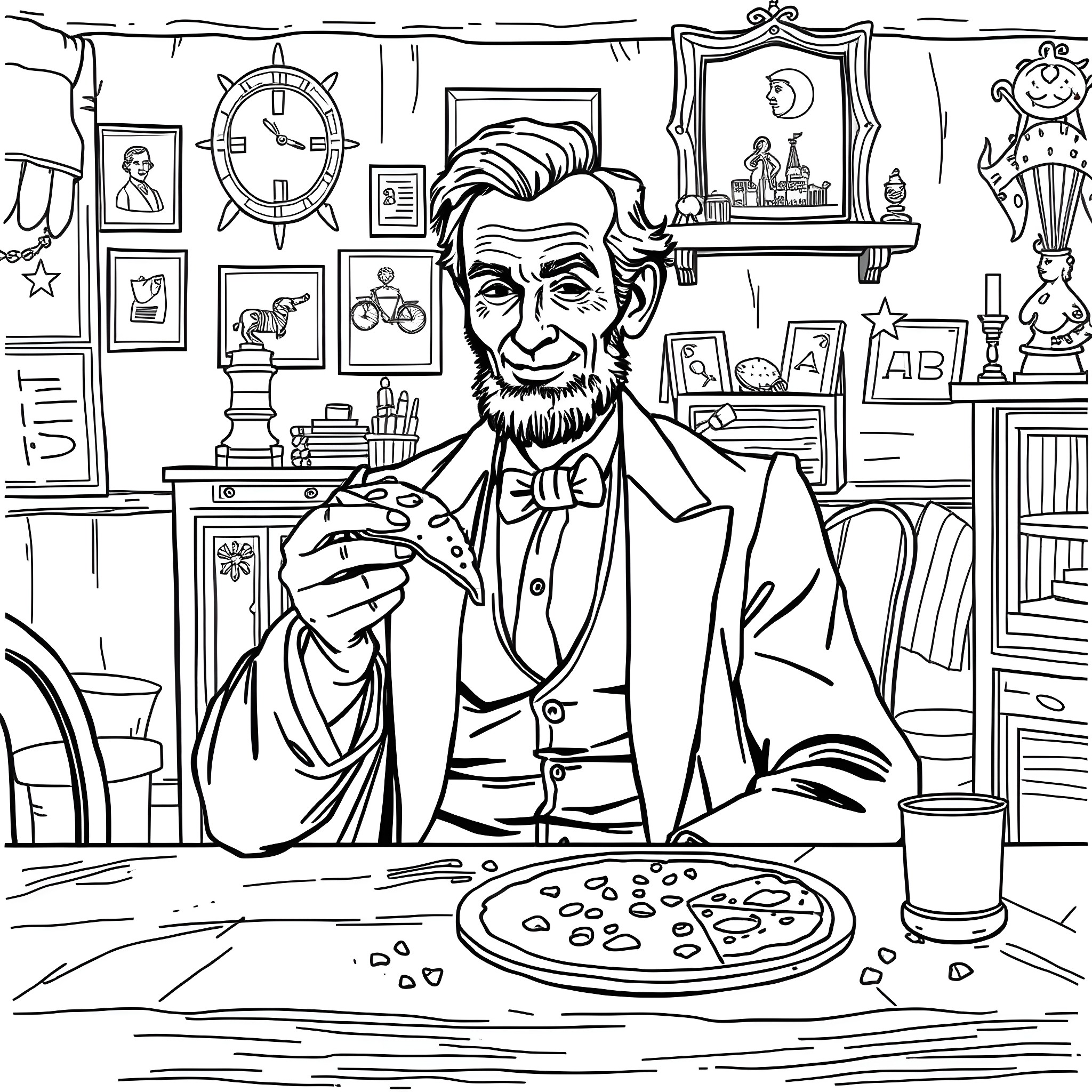 Abraham Lincoln enjoying a pizza break in his office Coloring Page (free black-and-white line drawing printable PDF for all, from beginners to advanced learners, including children, teens, adults, and seniors)